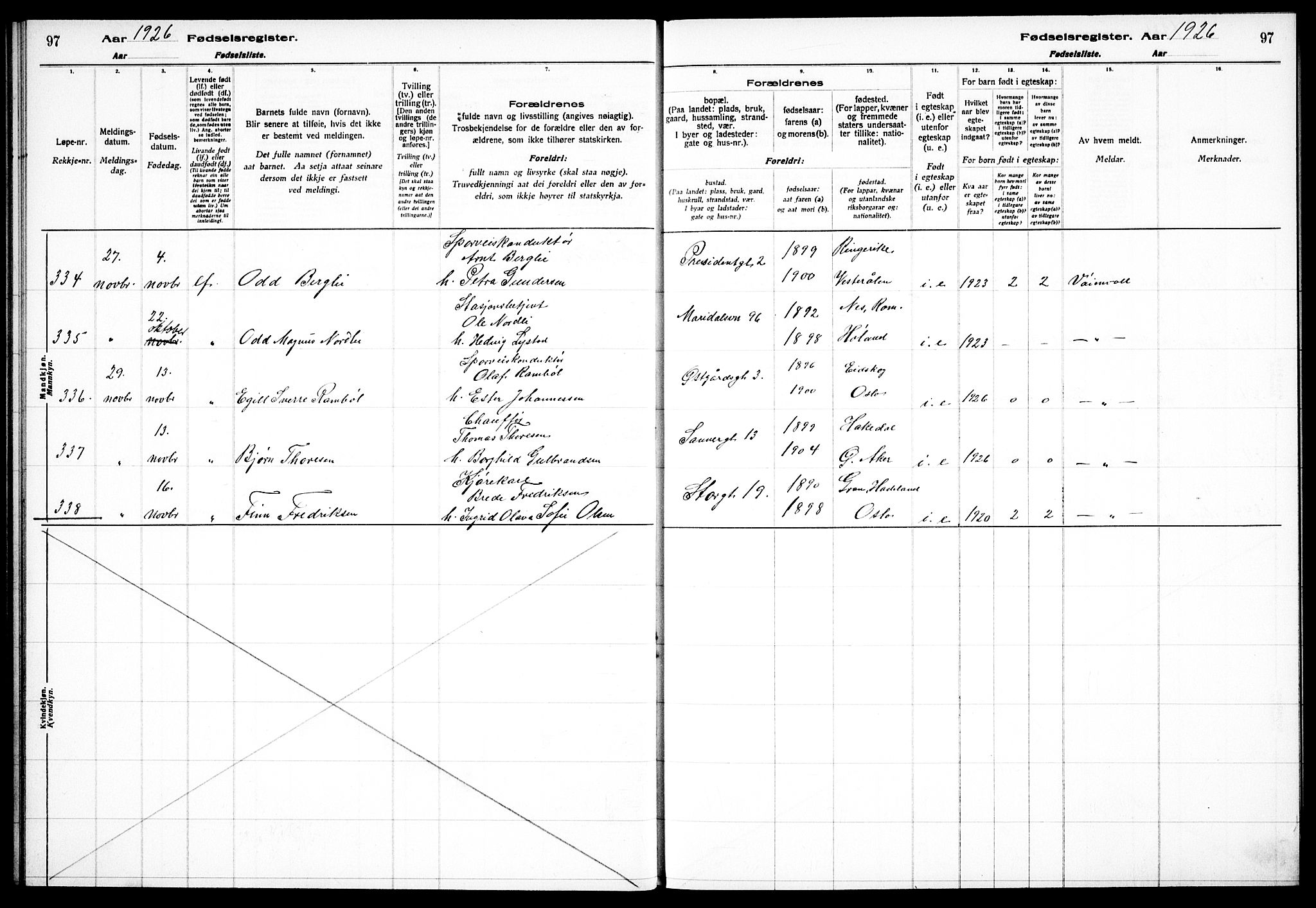 Sagene prestekontor Kirkebøker, AV/SAO-A-10796/J/L0004: Birth register no. 4, 1925-1928, p. 97