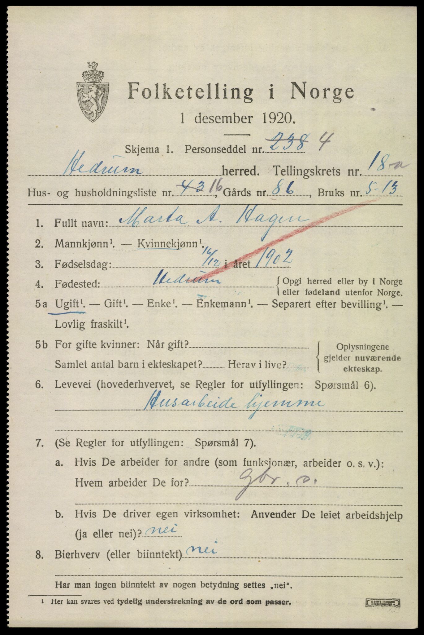 SAKO, 1920 census for Hedrum, 1920, p. 10977