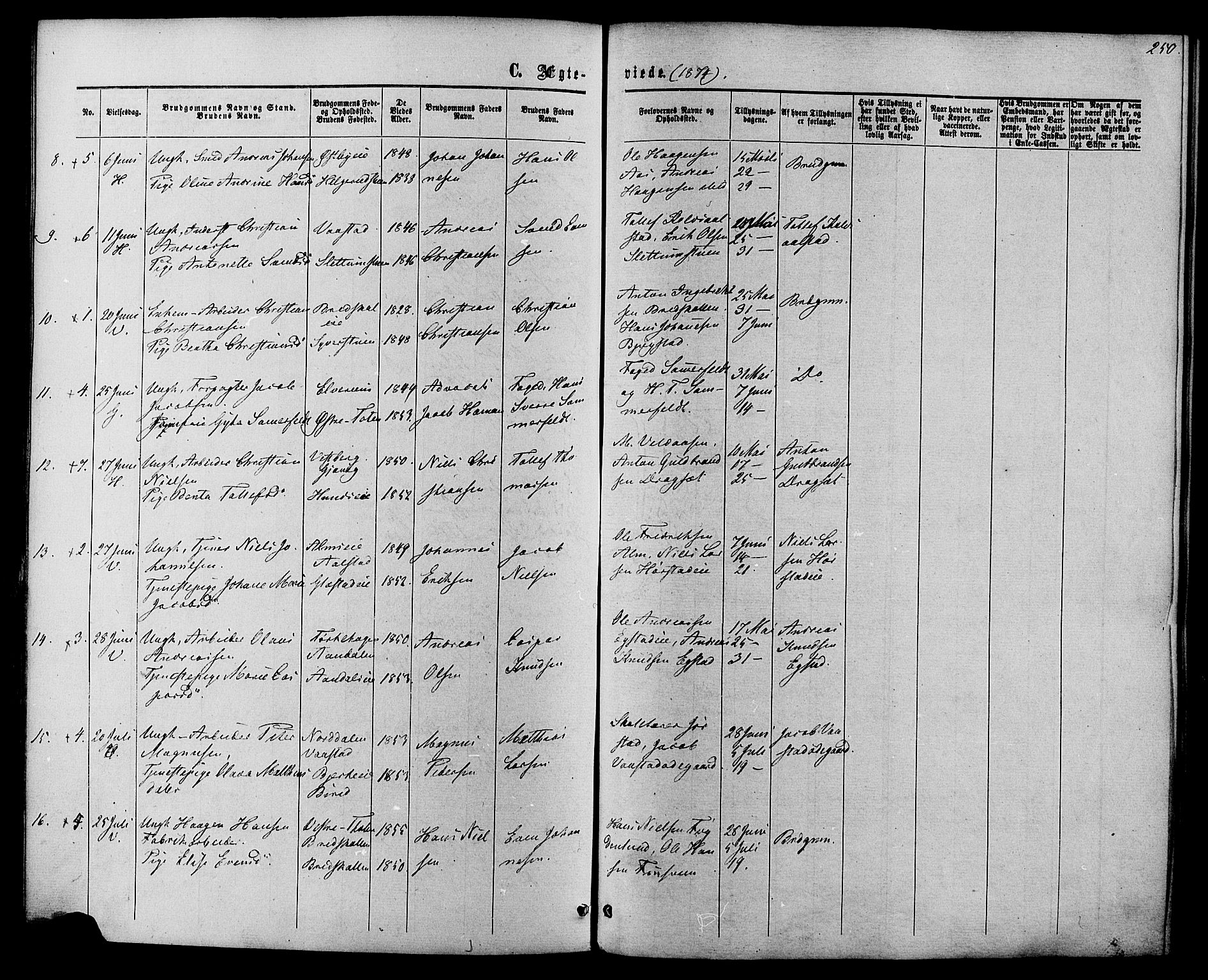 Vardal prestekontor, SAH/PREST-100/H/Ha/Haa/L0007: Parish register (official) no. 7, 1867-1878, p. 250