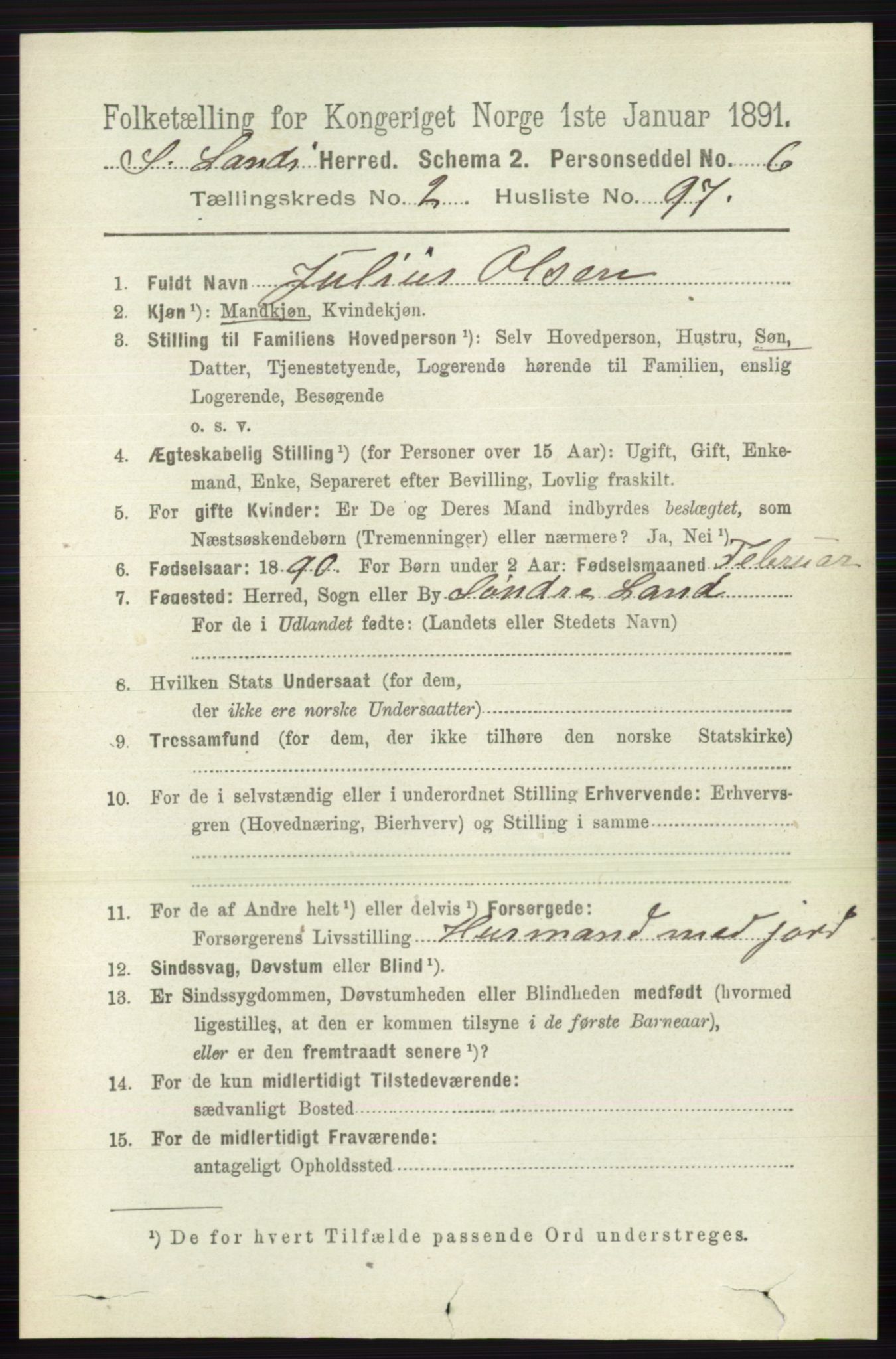 RA, 1891 census for 0536 Søndre Land, 1891, p. 1617