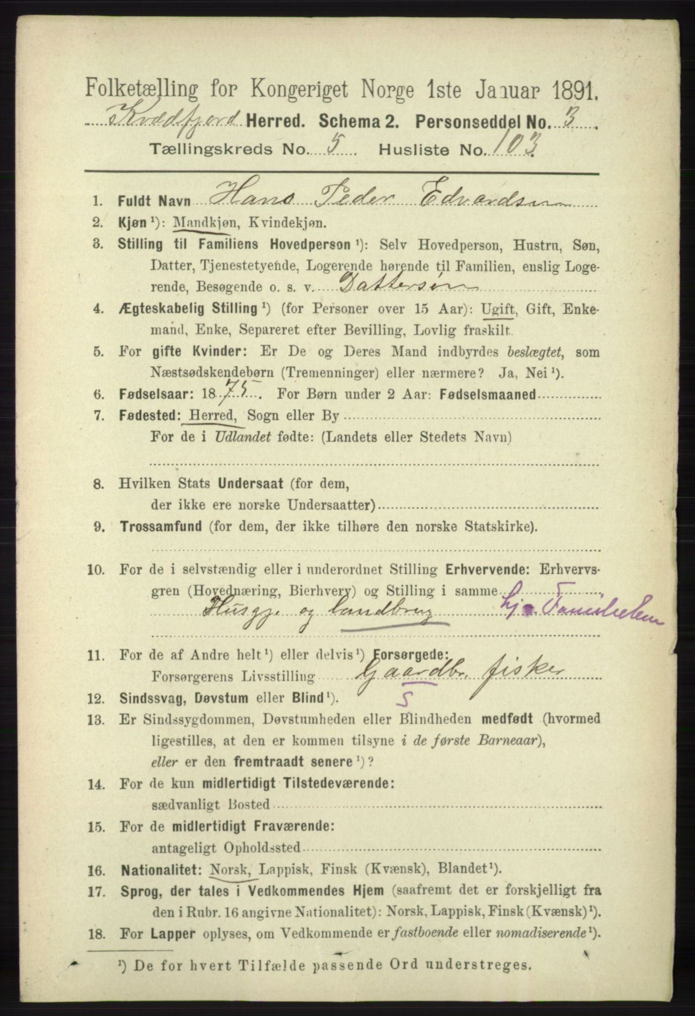 RA, 1891 census for 1911 Kvæfjord, 1891, p. 3490