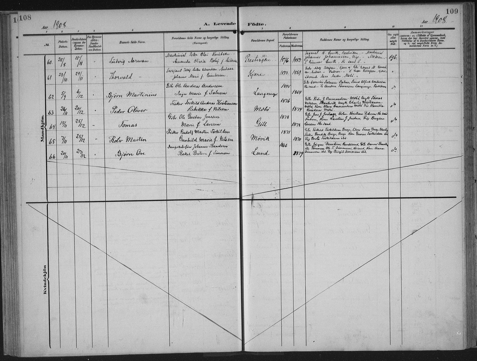 Oddernes sokneprestkontor, AV/SAK-1111-0033/F/Fa/Faa/L0011: Parish register (official) no. A 11, 1904-1911, p. 108-109