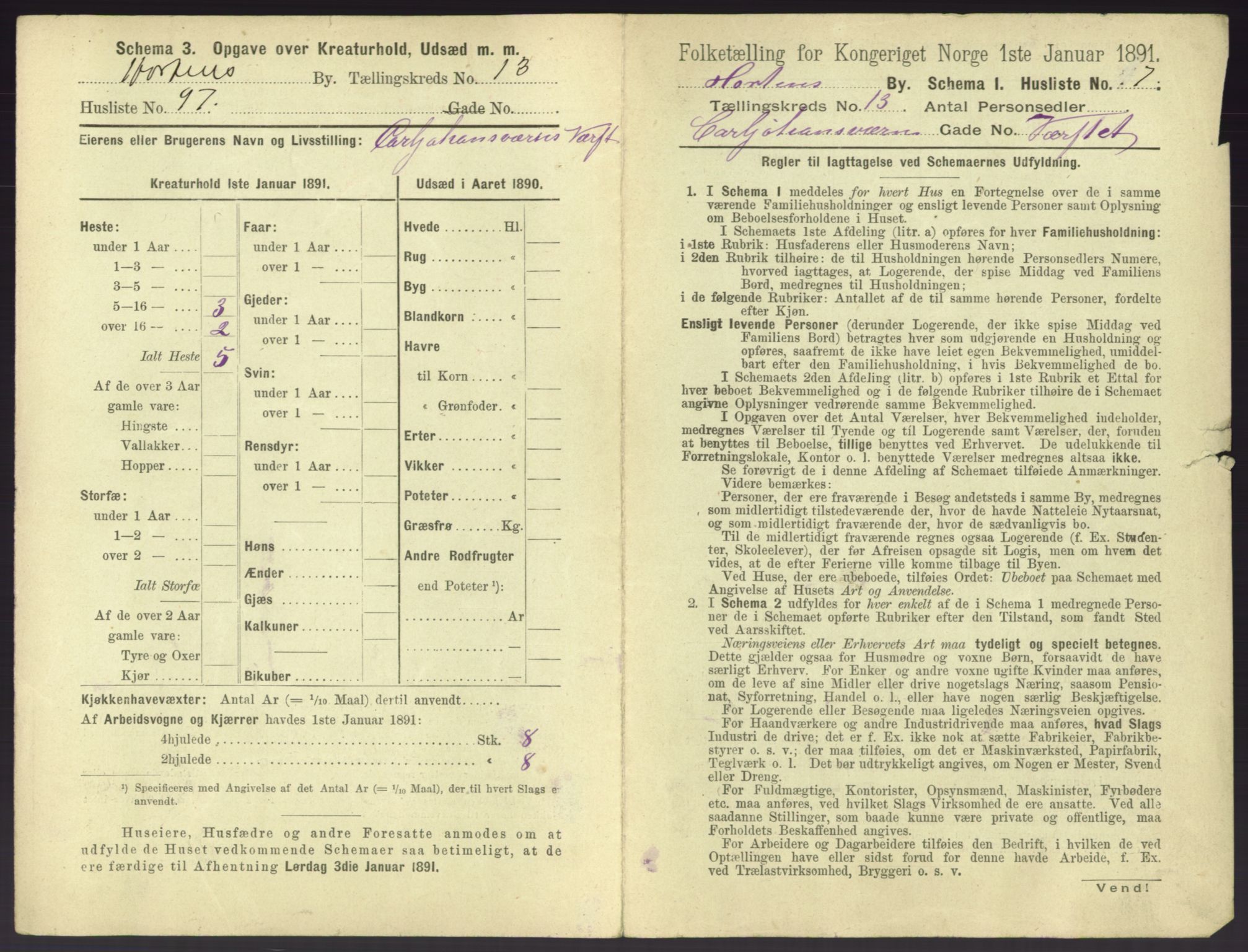 RA, 1891 census for 0703 Horten, 1891, p. 1497