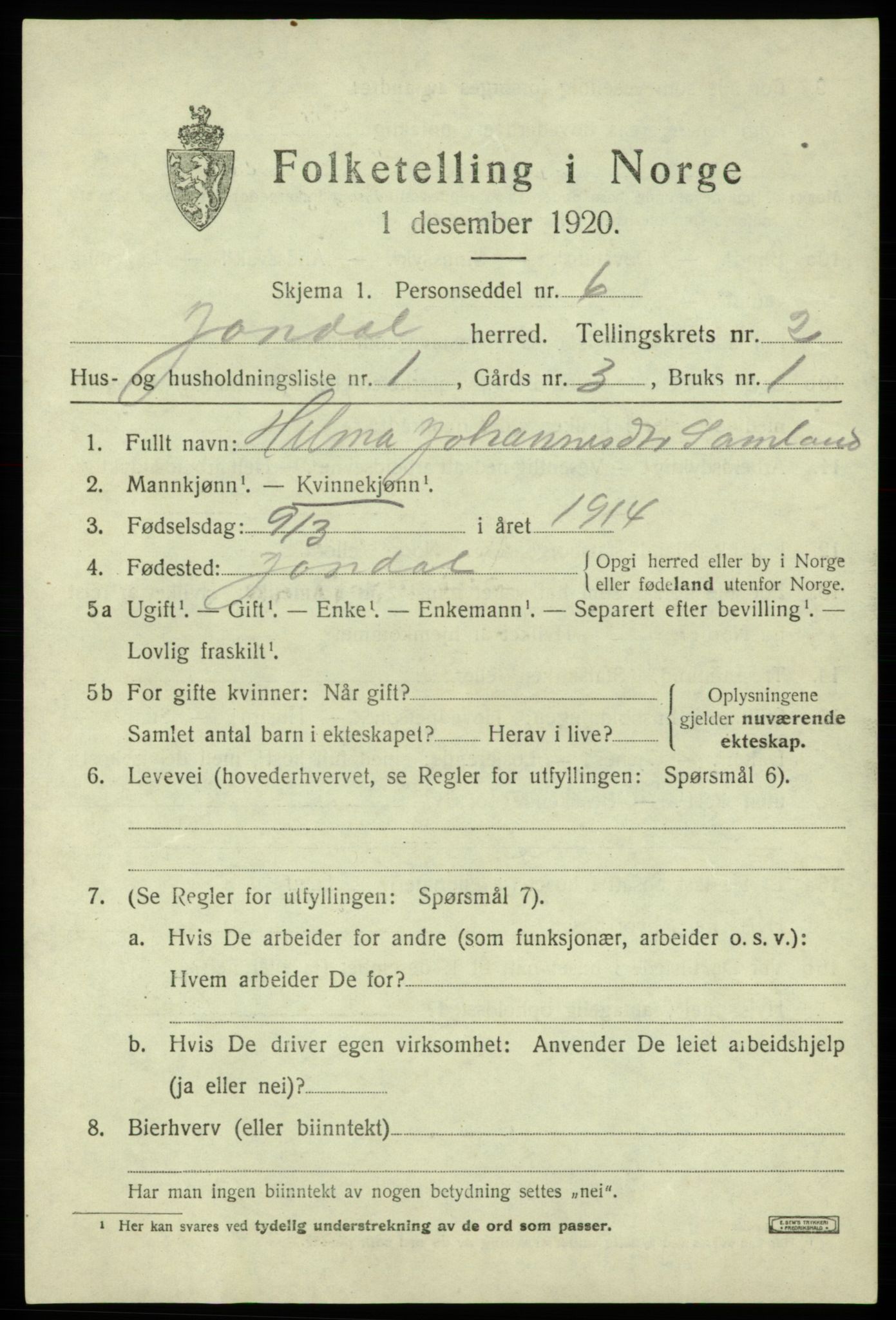 SAB, 1920 census for Jondal, 1920, p. 966