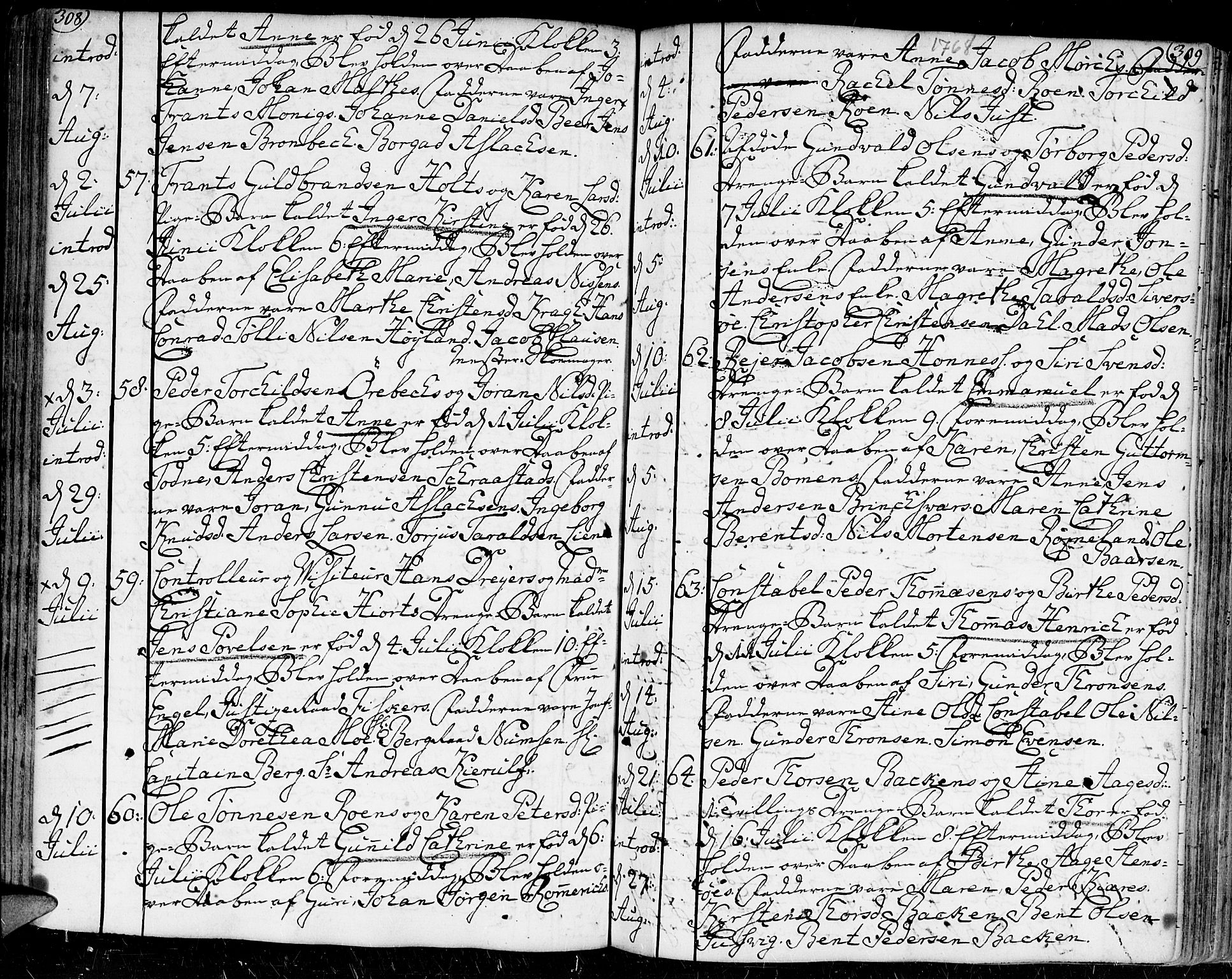 Kristiansand domprosti, AV/SAK-1112-0006/F/Fa/L0002: Parish register (official) no. A 2, 1755-1778, p. 308-309