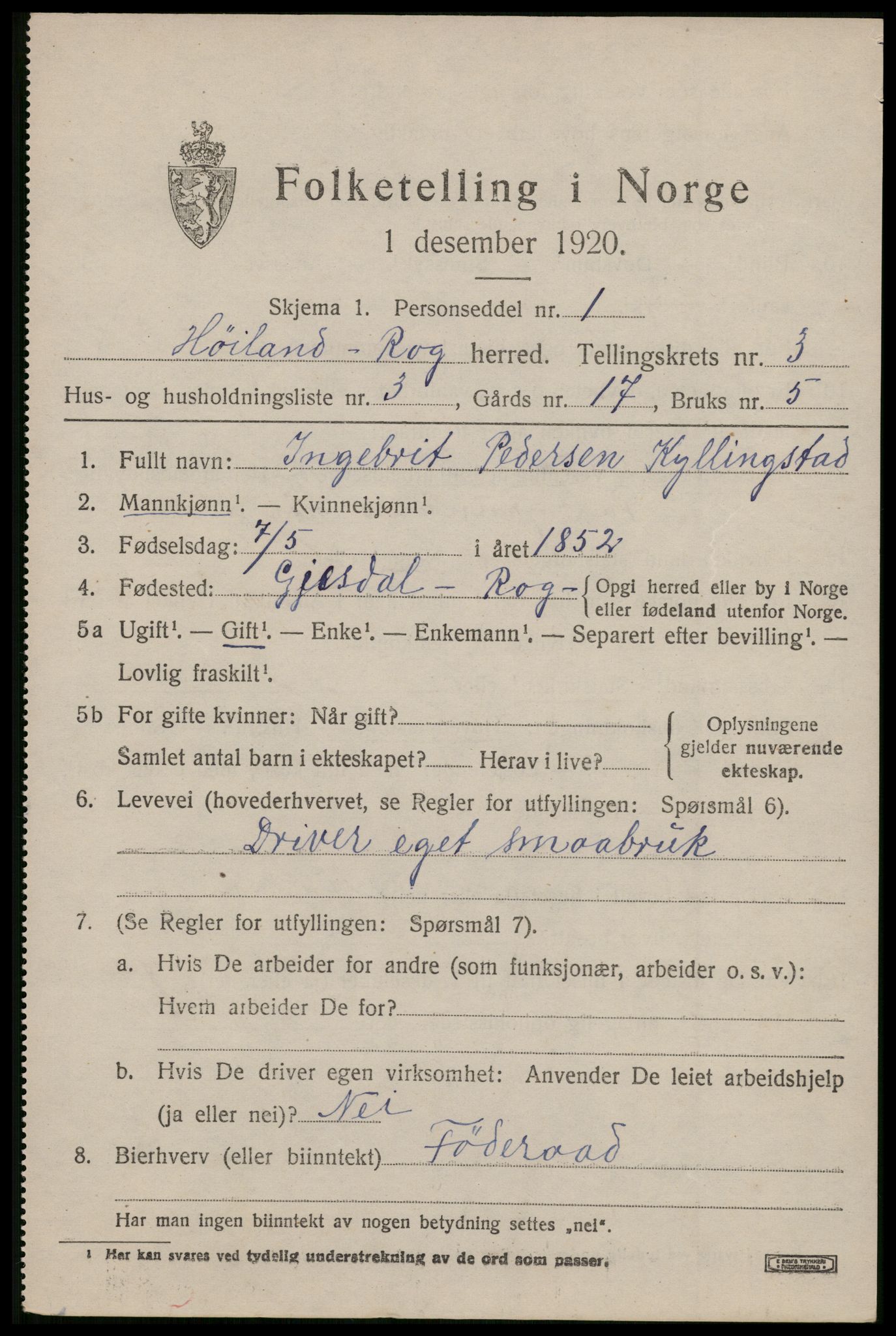 SAST, 1920 census for Høyland, 1920, p. 3036