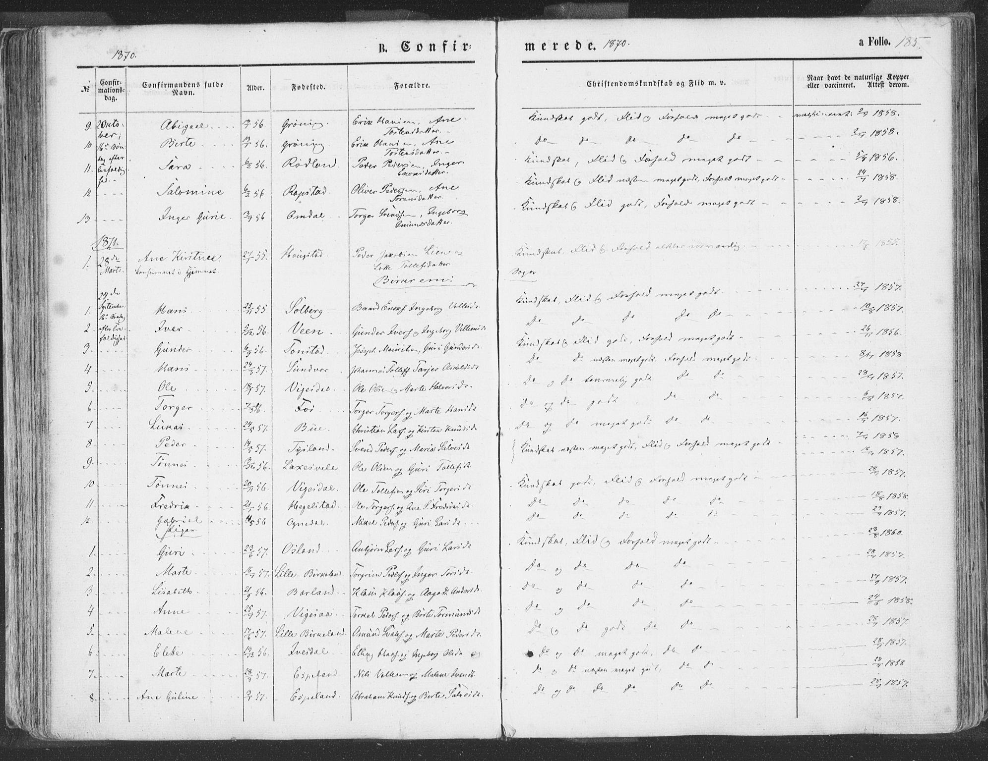 Helleland sokneprestkontor, SAST/A-101810: Parish register (official) no. A 7.1, 1863-1886, p. 185