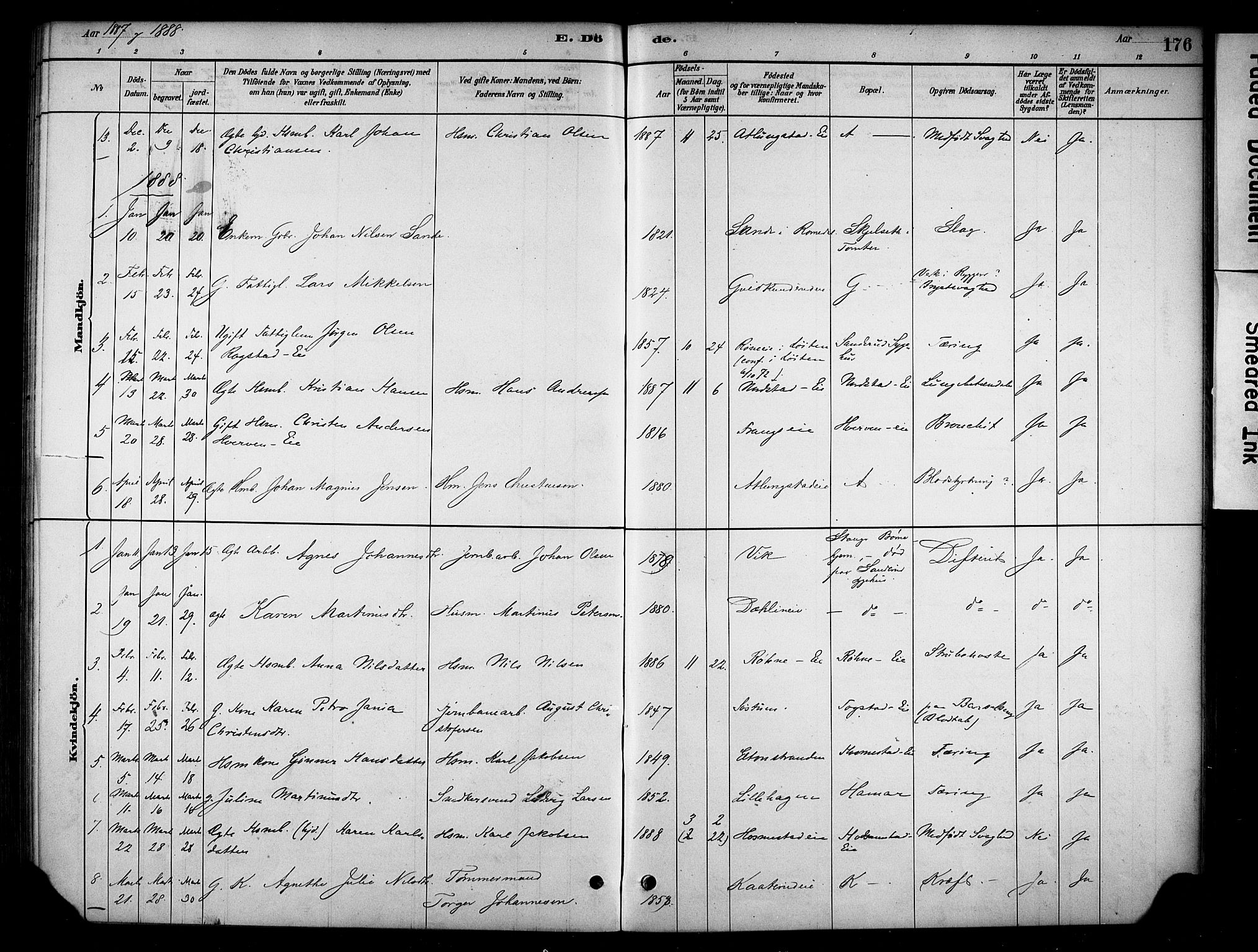 Stange prestekontor, AV/SAH-PREST-002/K/L0019: Parish register (official) no. 19, 1880-1891, p. 176