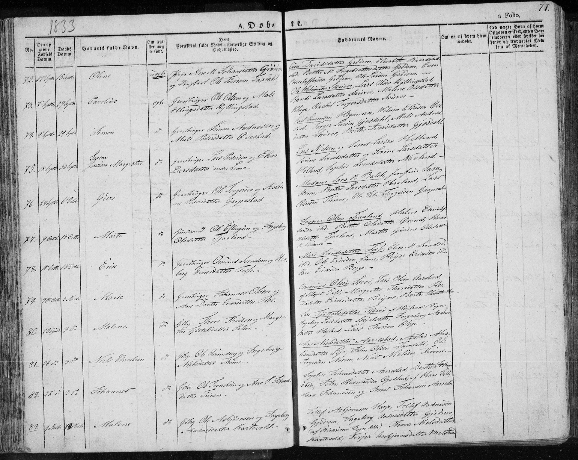 Lye sokneprestkontor, AV/SAST-A-101794/001/30BA/L0004: Parish register (official) no. A 4, 1826-1841, p. 77