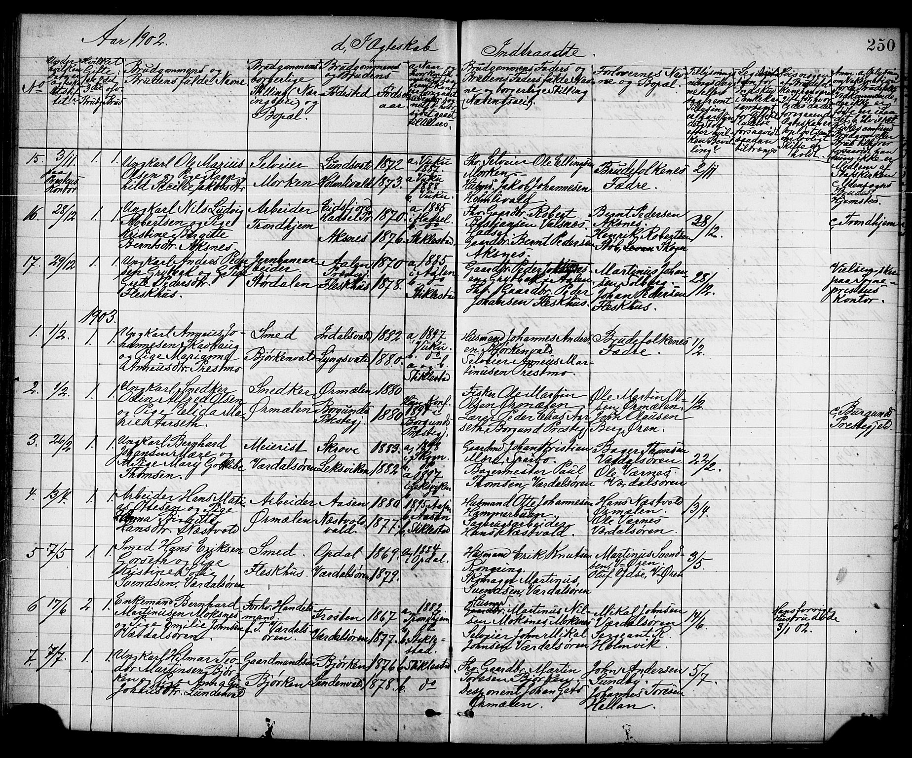 Ministerialprotokoller, klokkerbøker og fødselsregistre - Nord-Trøndelag, SAT/A-1458/723/L0257: Parish register (copy) no. 723C05, 1890-1907, p. 250