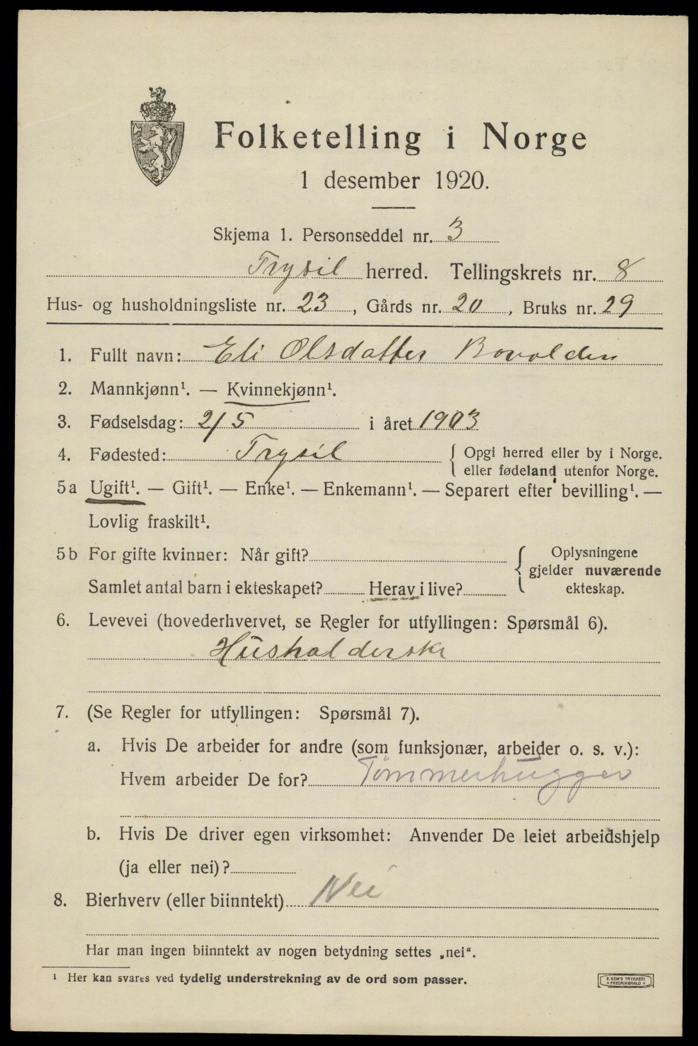 SAH, 1920 census for Trysil, 1920, p. 6515