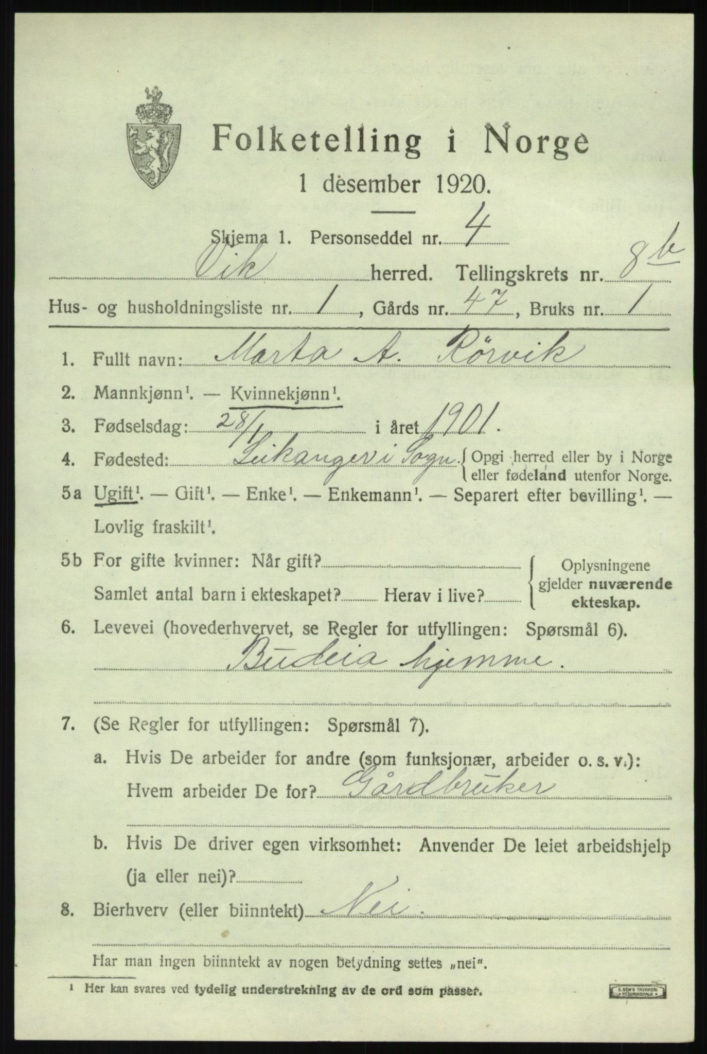 SAB, 1920 census for Vik, 1920, p. 5451