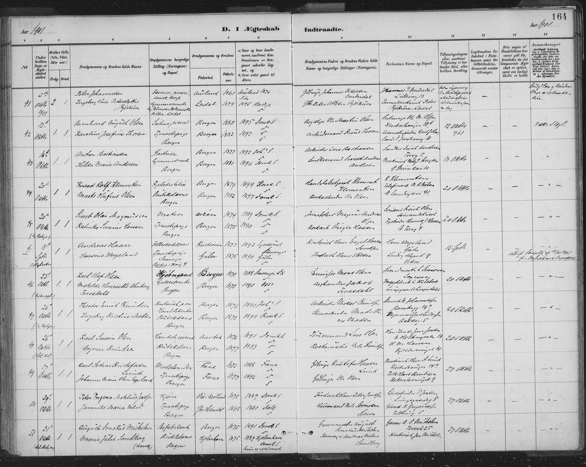 Domkirken sokneprestembete, SAB/A-74801/H/Hab/L0032: Parish register (copy) no. D 4, 1880-1907, p. 164