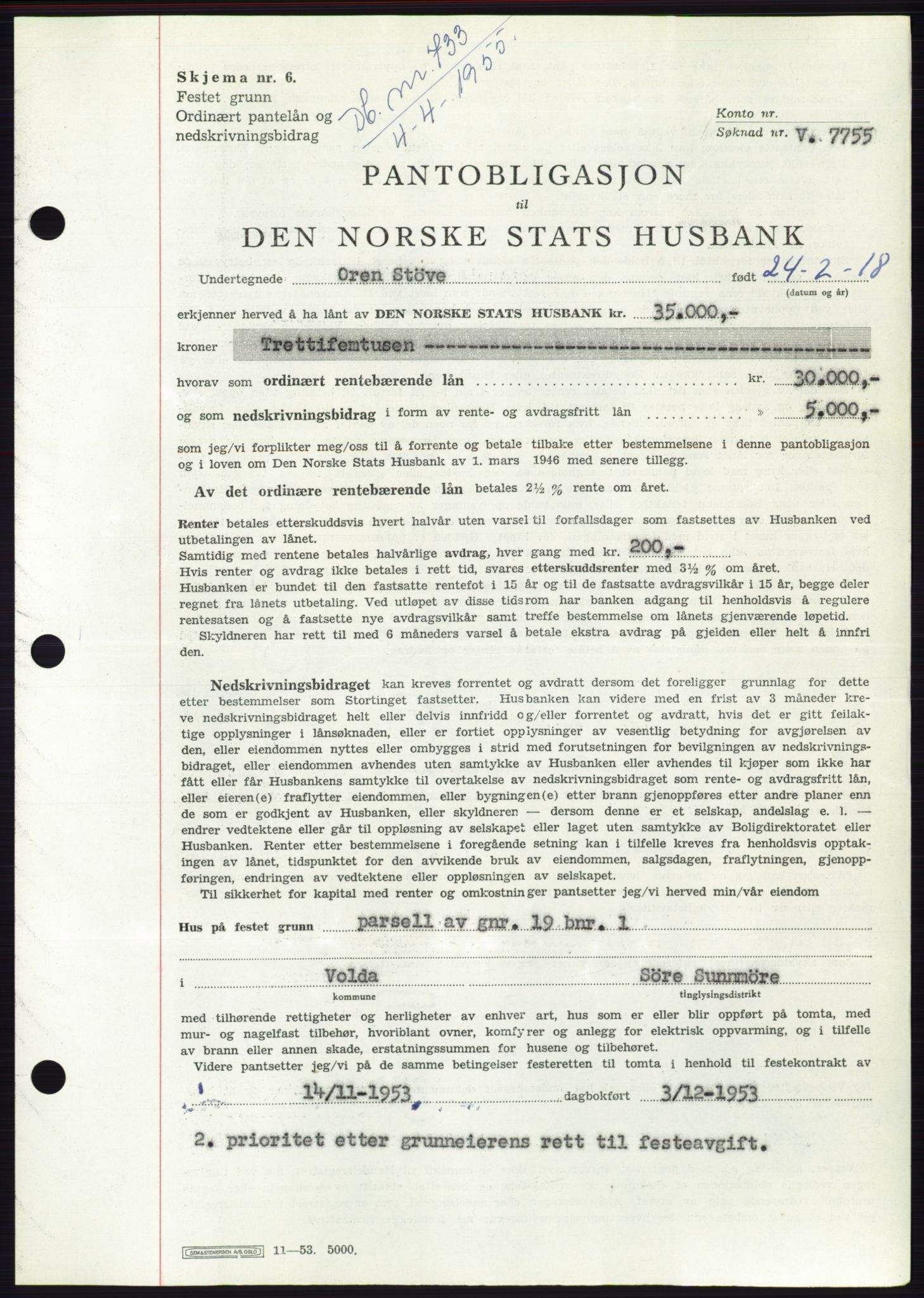 Søre Sunnmøre sorenskriveri, AV/SAT-A-4122/1/2/2C/L0126: Mortgage book no. 14B, 1954-1955, Diary no: : 733/1955