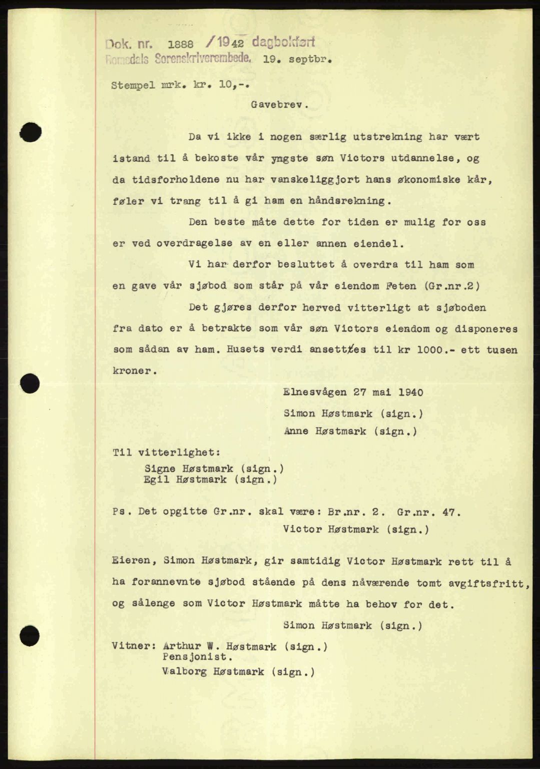 Romsdal sorenskriveri, AV/SAT-A-4149/1/2/2C: Mortgage book no. A12, 1942-1942, Diary no: : 1888/1942