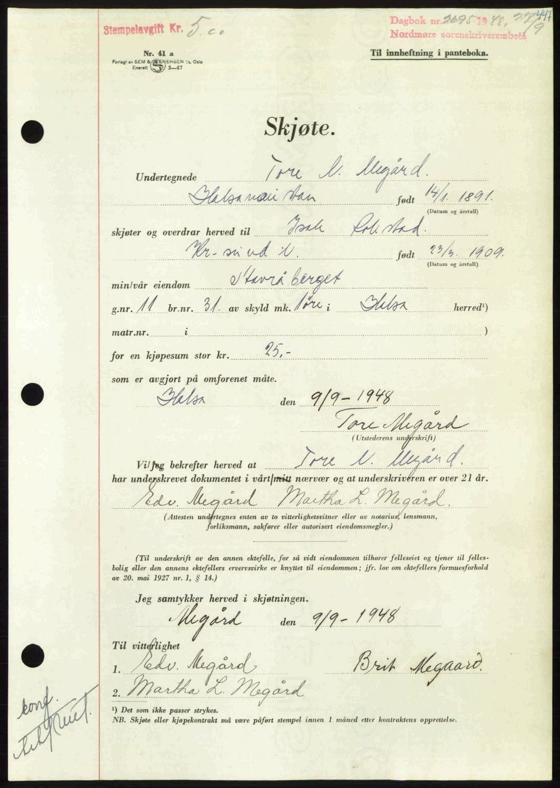 Nordmøre sorenskriveri, AV/SAT-A-4132/1/2/2Ca: Mortgage book no. A109, 1948-1948, Diary no: : 2695/1948