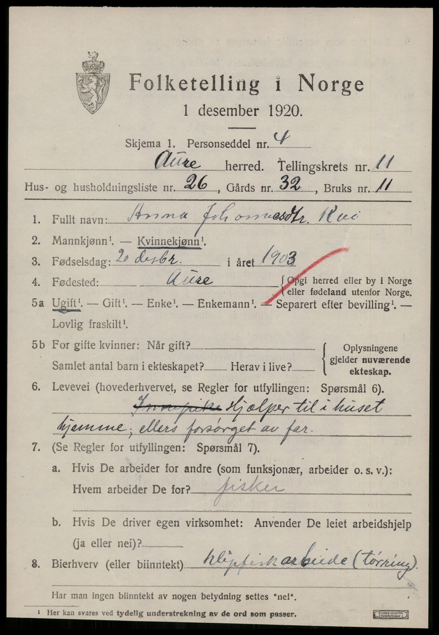 SAT, 1920 census for Aure, 1920, p. 4534