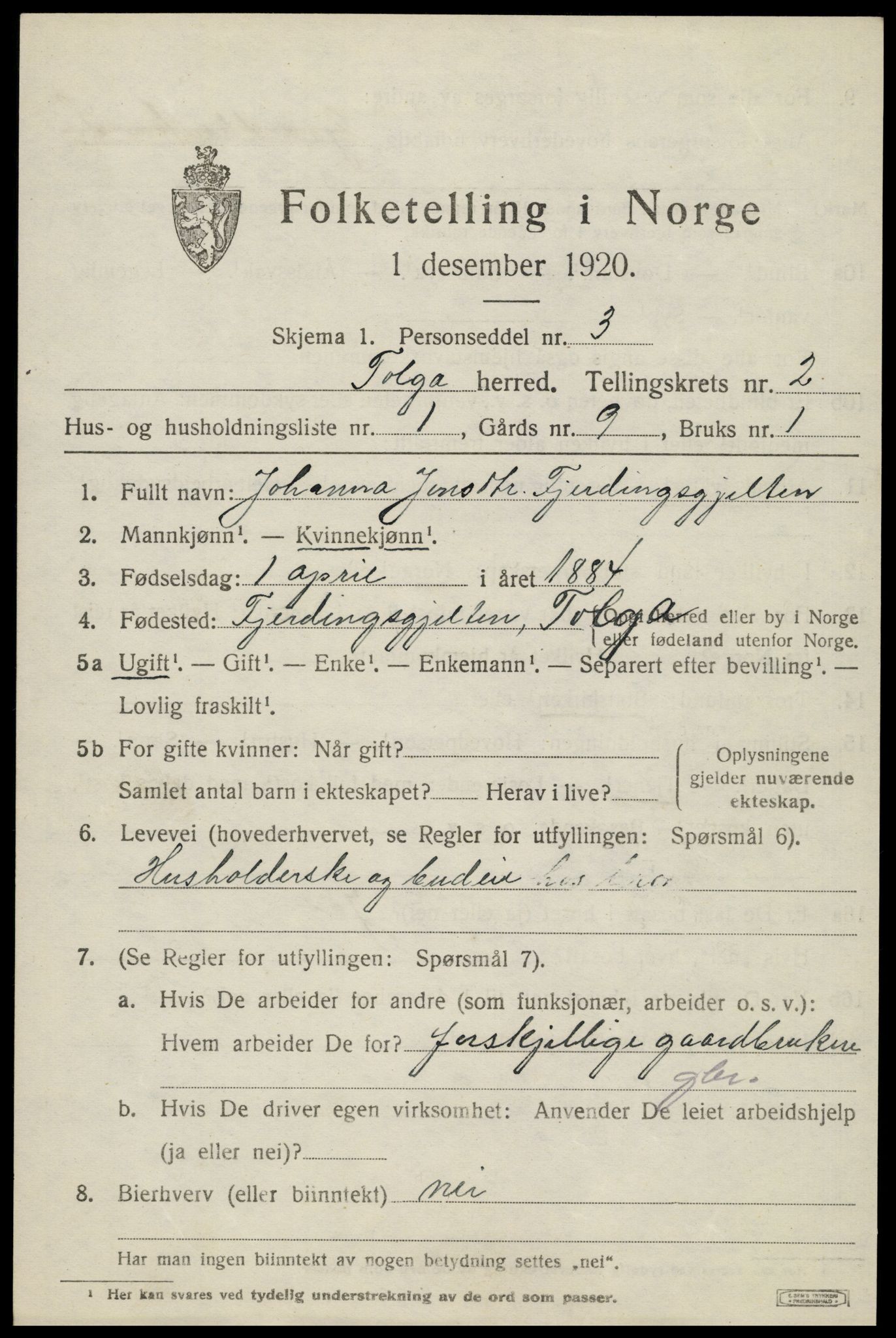 SAH, 1920 census for Tolga, 1920, p. 1671