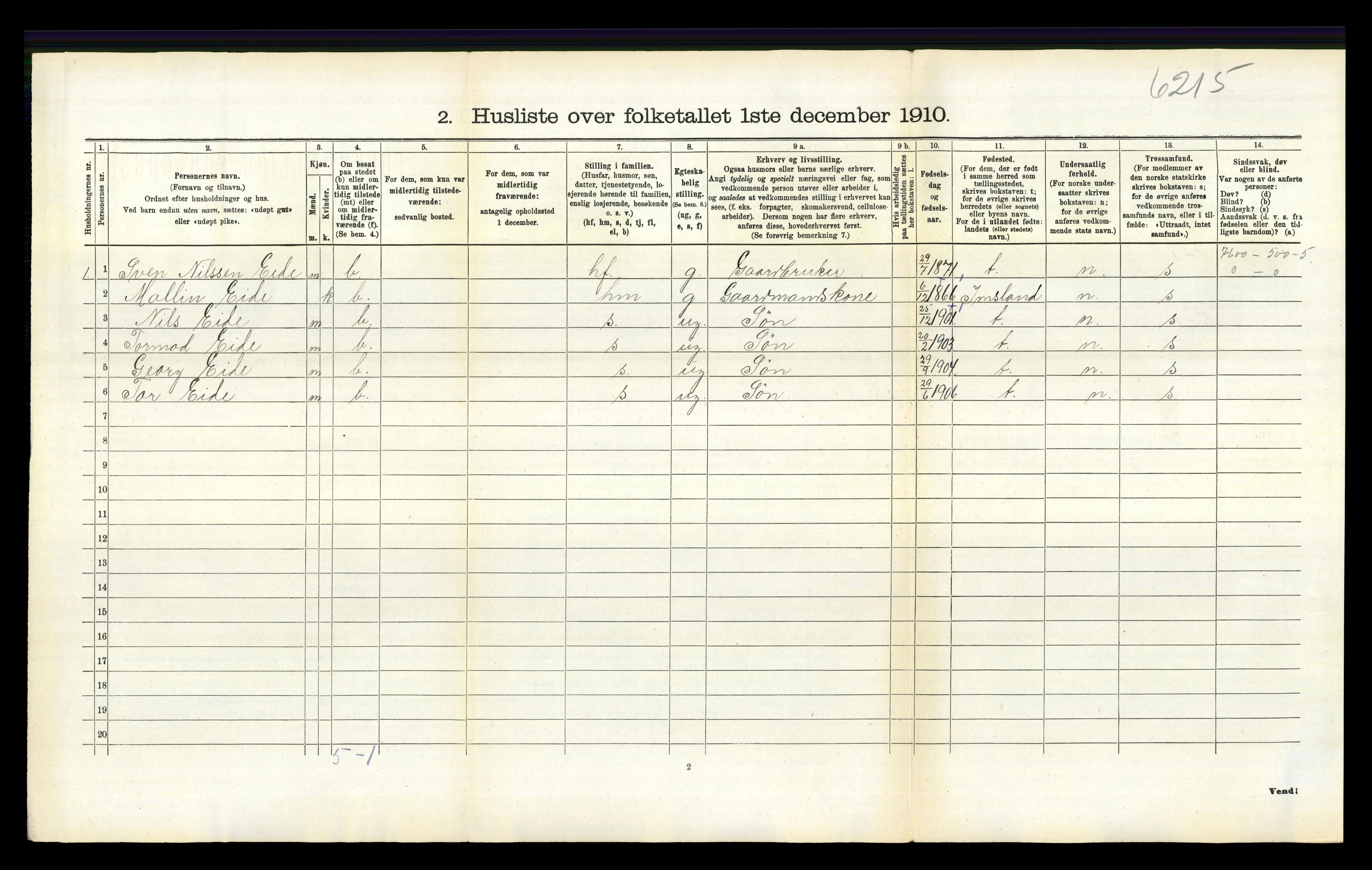 RA, 1910 census for Sand, 1910, p. 164