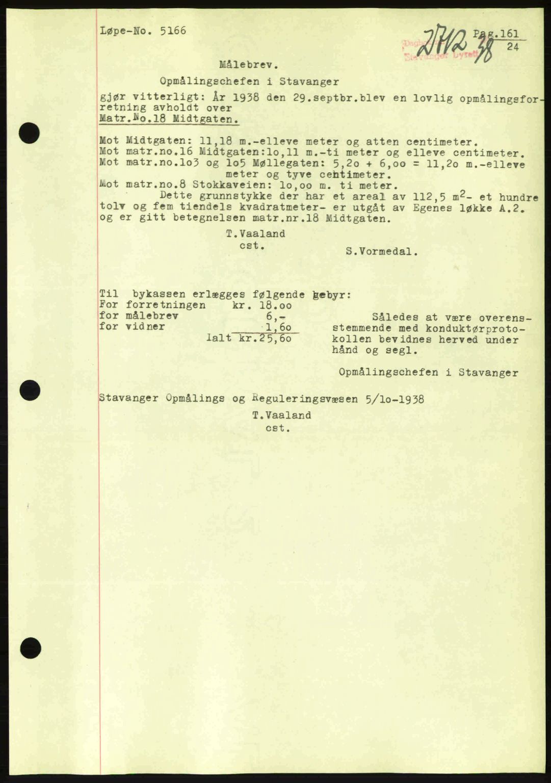 Stavanger byrett, SAST/A-100455/002/G/Gb/L0014: Mortgage book no. A4, 1938-1939, Diary no: : 2712/1938