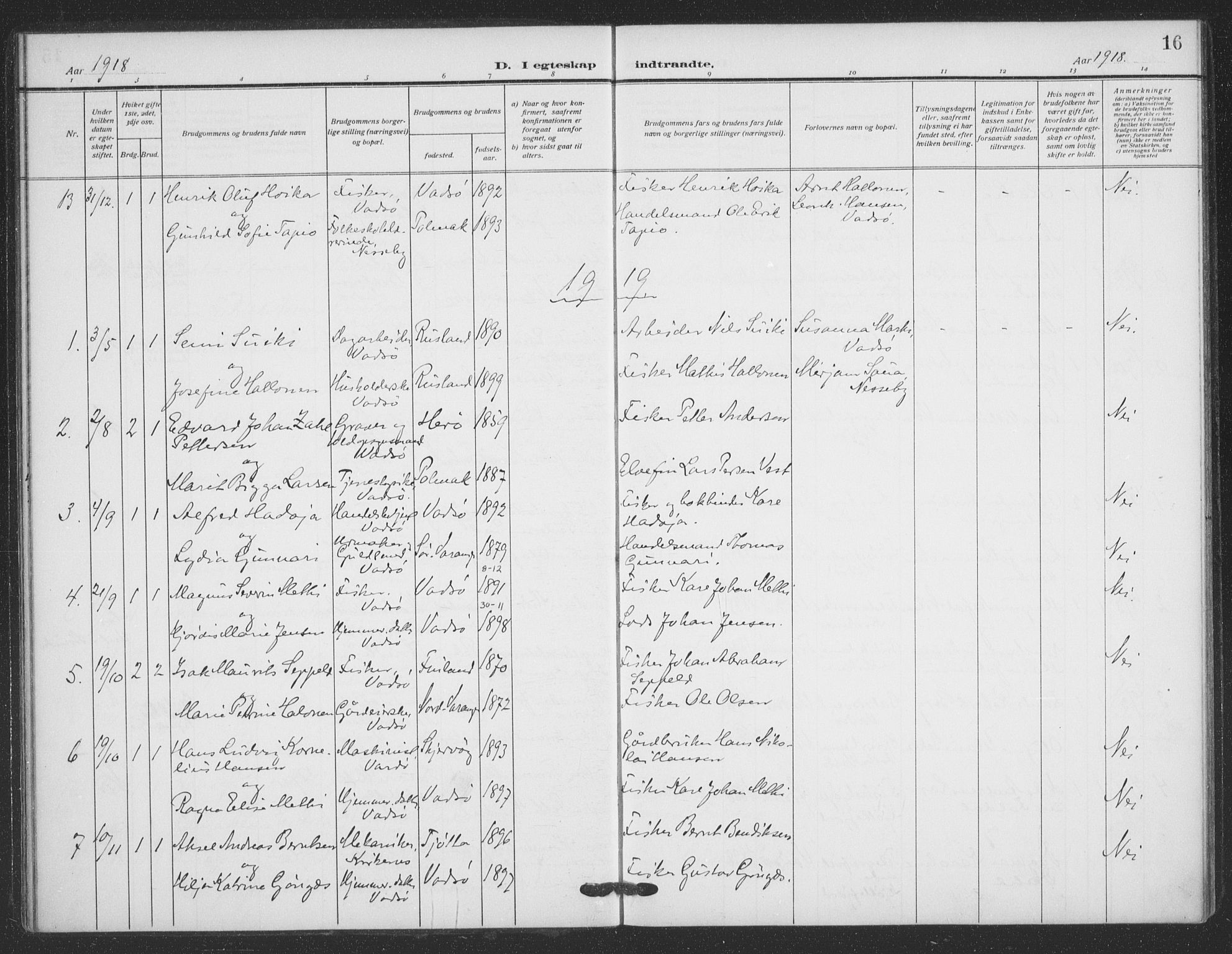 Vadsø sokneprestkontor, SATØ/S-1325/H/Ha/L0008kirke: Parish register (official) no. 8, 1912-1930, p. 16