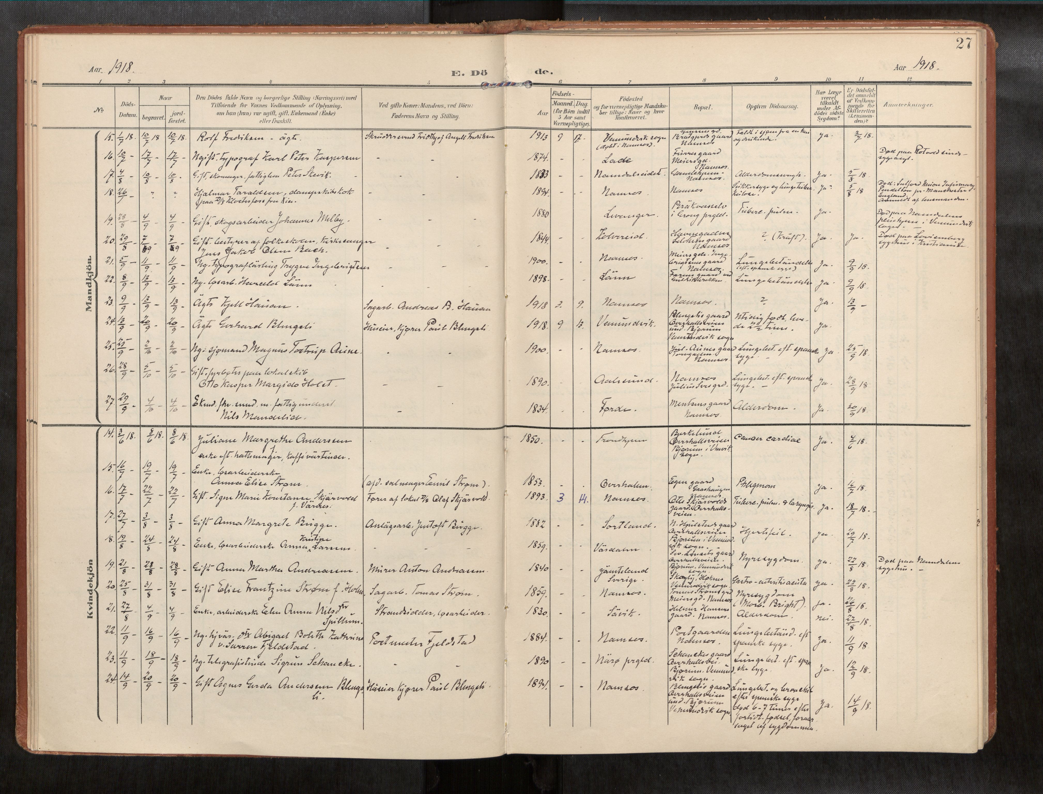 Ministerialprotokoller, klokkerbøker og fødselsregistre - Nord-Trøndelag, AV/SAT-A-1458/768/L0579b: Parish register (official) no. 768A15, 1908-1945, p. 27