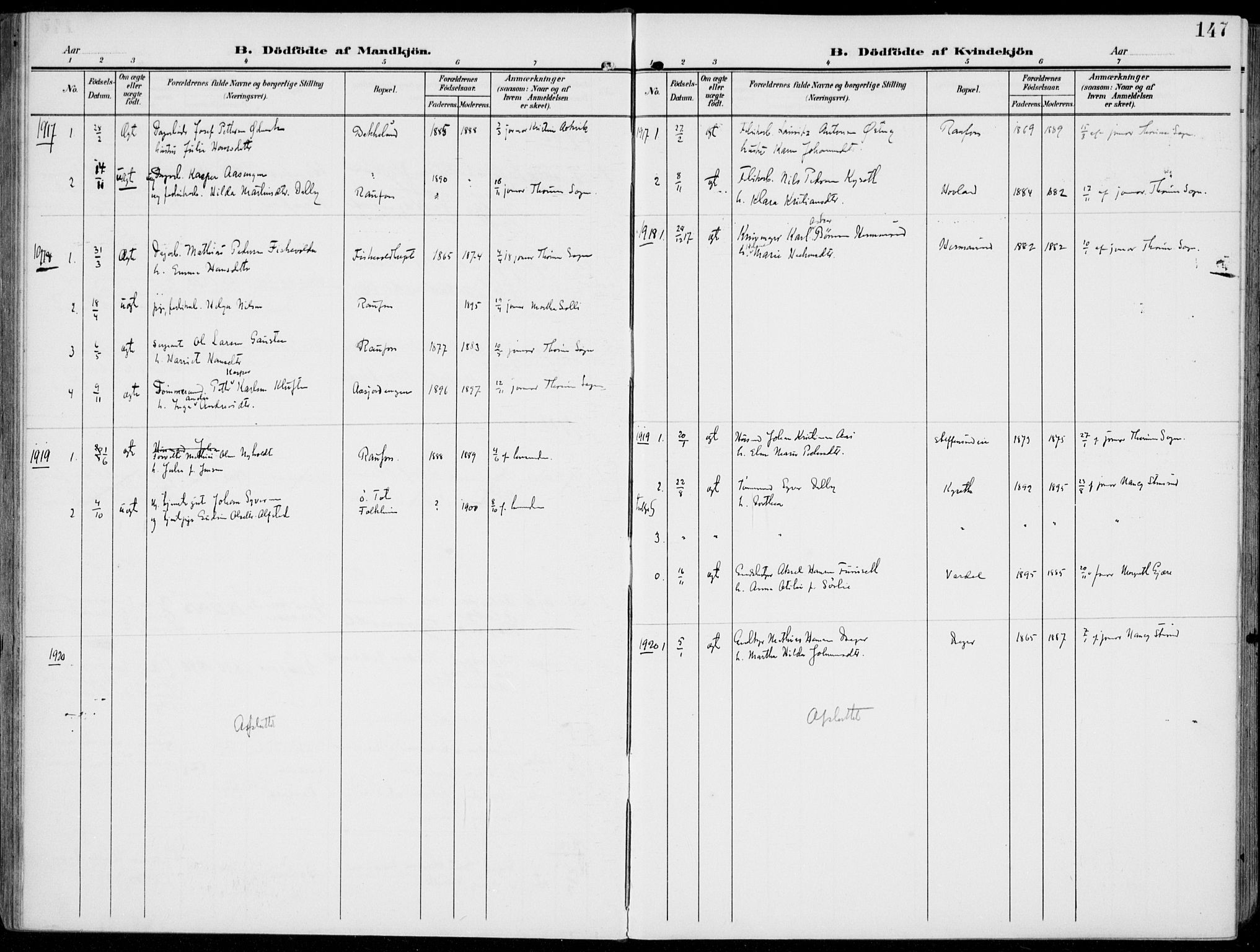Vestre Toten prestekontor, SAH/PREST-108/H/Ha/Haa/L0014: Parish register (official) no. 14, 1907-1920, p. 147