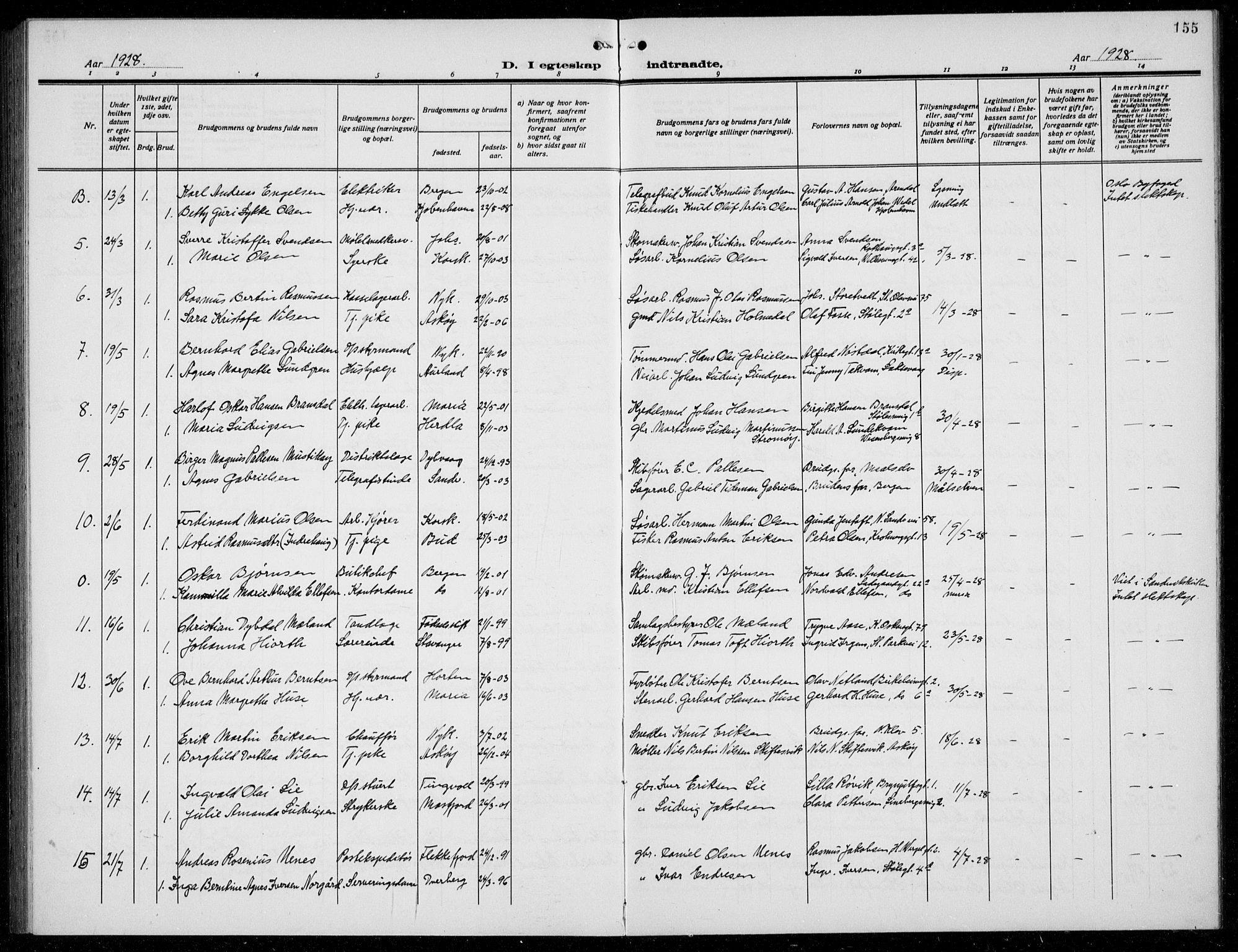 Mariakirken Sokneprestembete, AV/SAB-A-76901/H/Hab/L0010: Parish register (copy) no. A 10, 1920-1937, p. 155