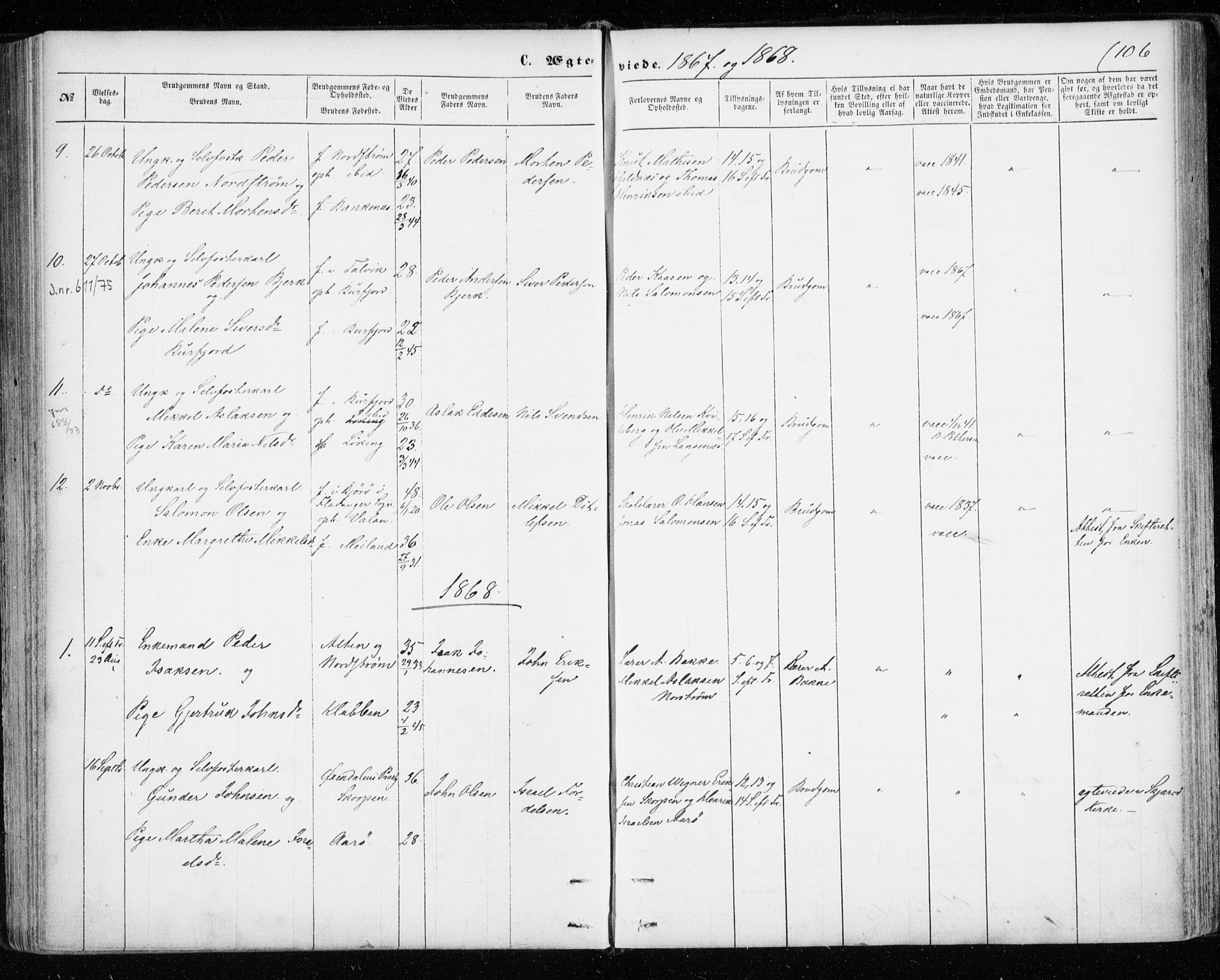 Skjervøy sokneprestkontor, SATØ/S-1300/H/Ha/Haa/L0011kirke: Parish register (official) no. 11, 1861-1877, p. 106