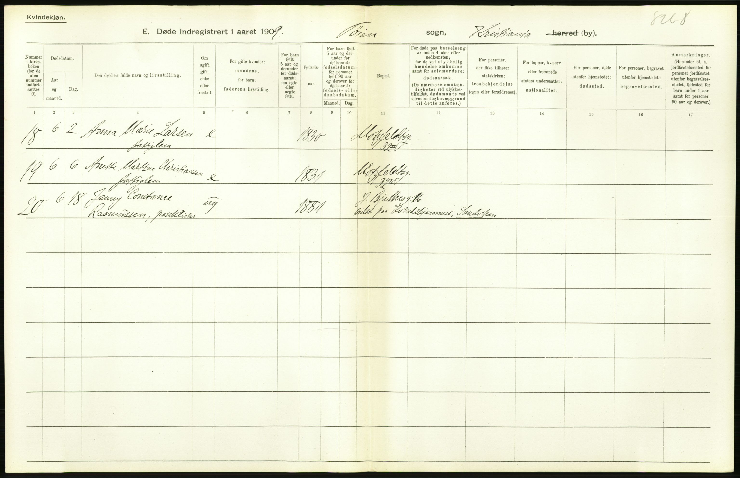 Statistisk sentralbyrå, Sosiodemografiske emner, Befolkning, AV/RA-S-2228/D/Df/Dfa/Dfag/L0010: Kristiania: Døde, dødfødte., 1909, p. 156