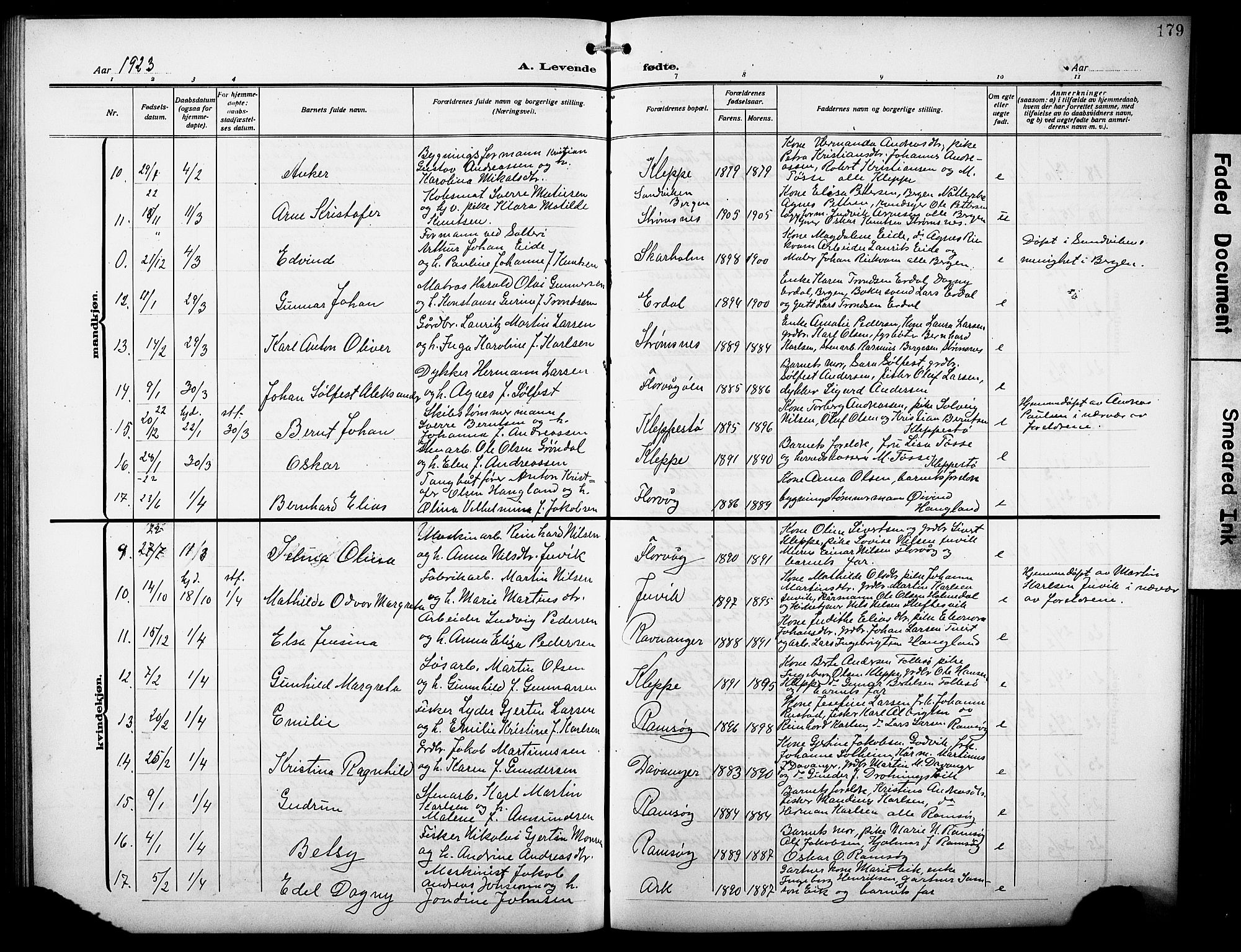 Askøy Sokneprestembete, AV/SAB-A-74101/H/Ha/Hab/Haba/L0011: Parish register (copy) no. A 11, 1908-1931, p. 179