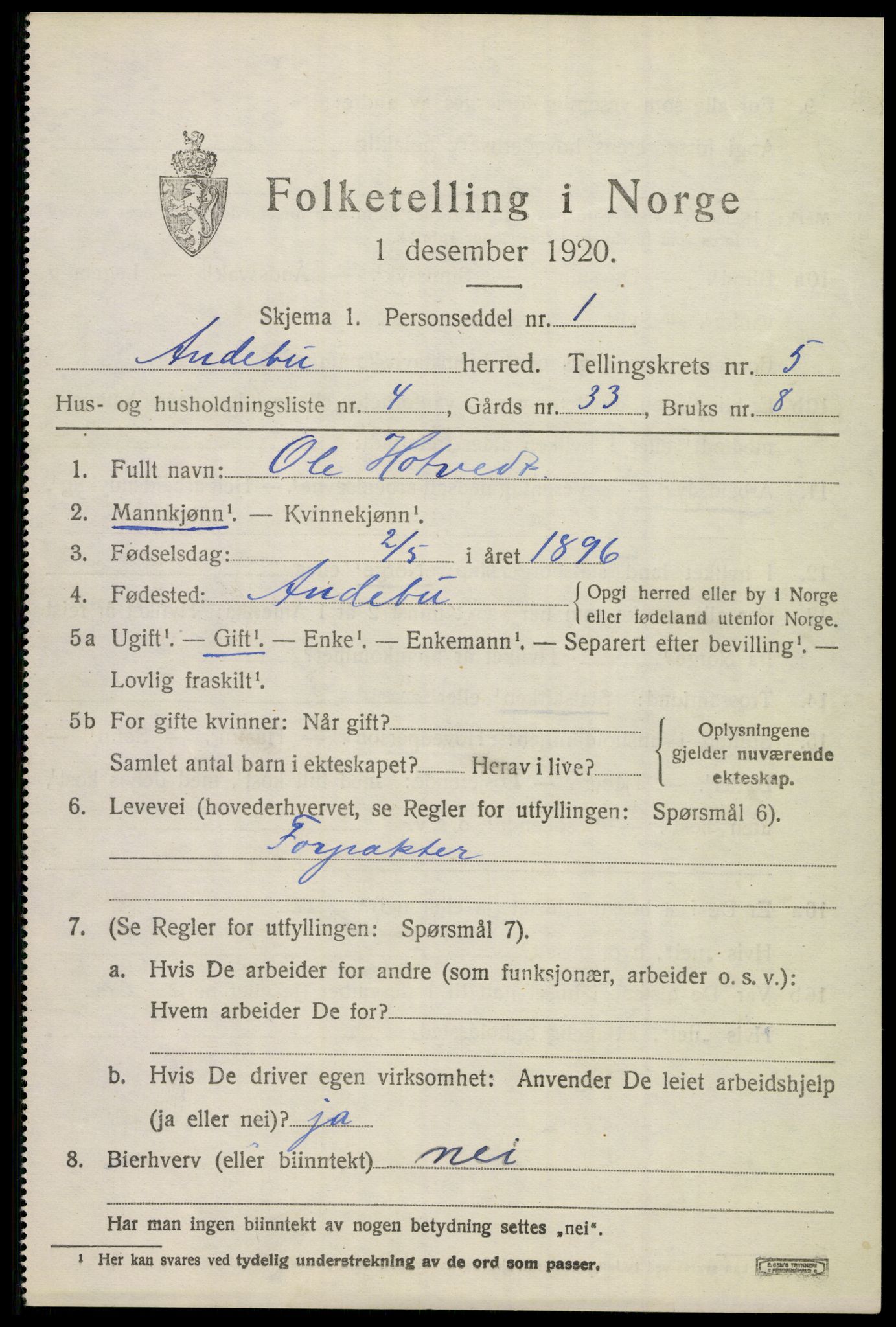 SAKO, 1920 census for Andebu, 1920, p. 2676