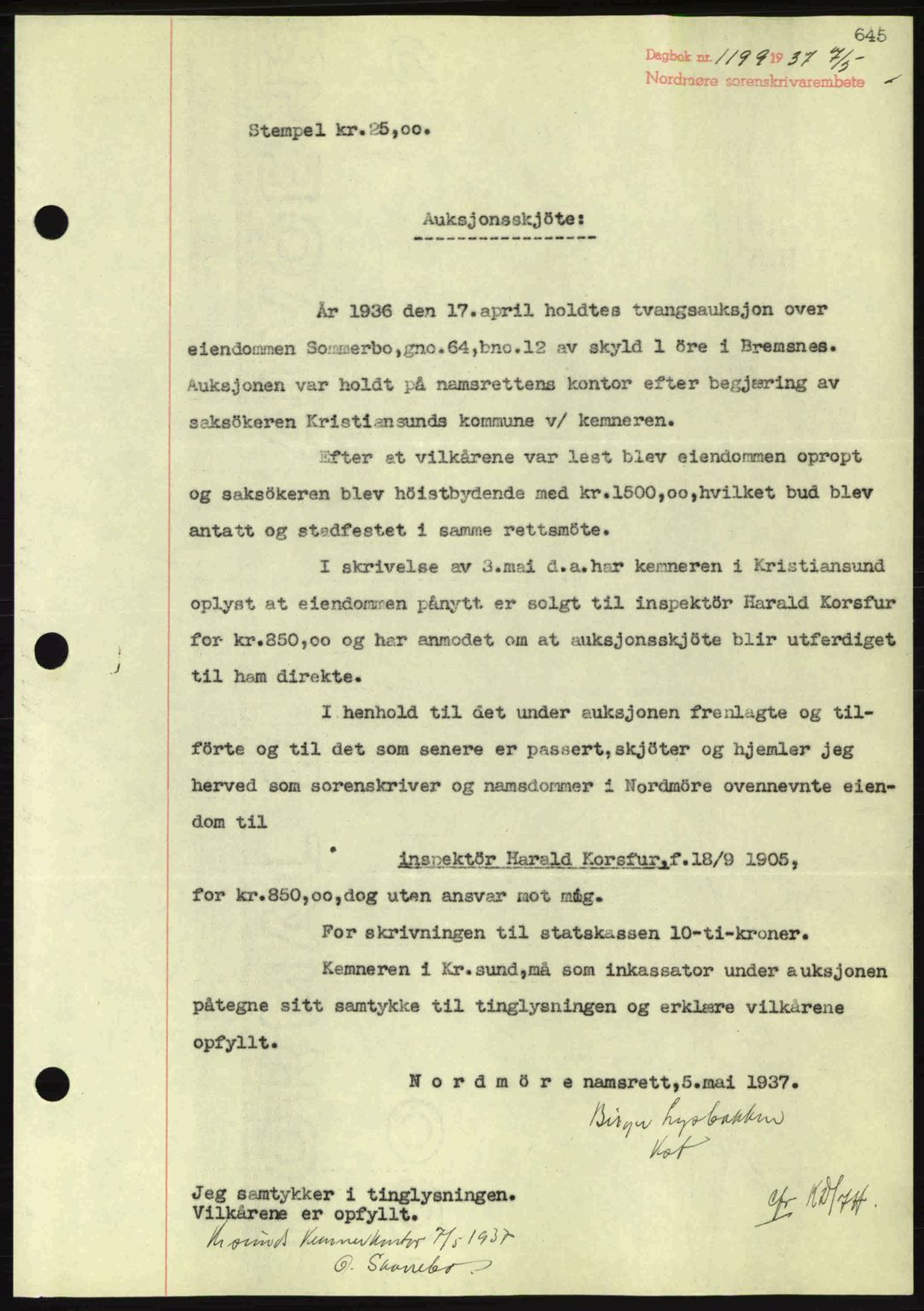 Nordmøre sorenskriveri, AV/SAT-A-4132/1/2/2Ca: Mortgage book no. A81, 1937-1937, Diary no: : 1199/1937