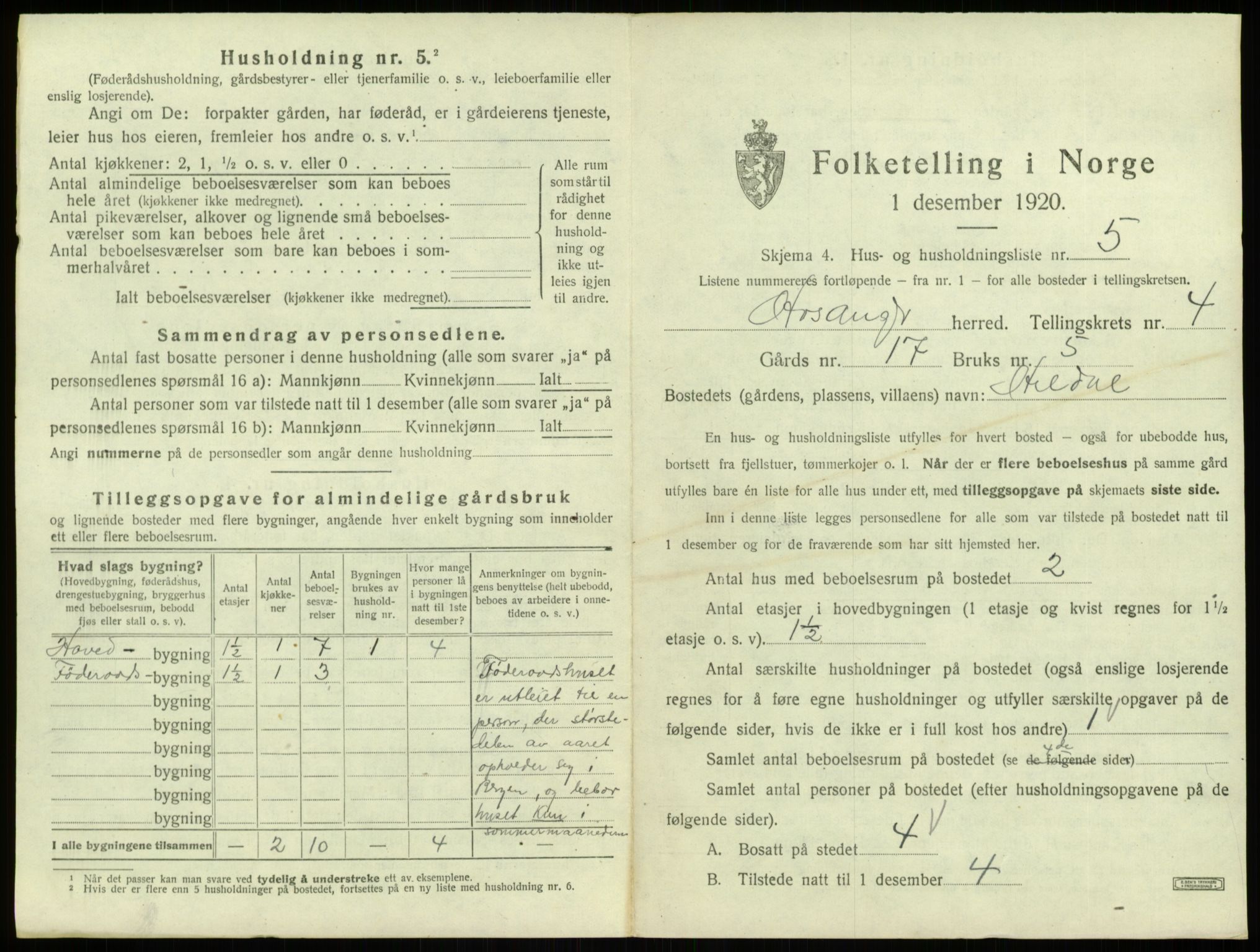 SAB, 1920 census for Hosanger, 1920, p. 198