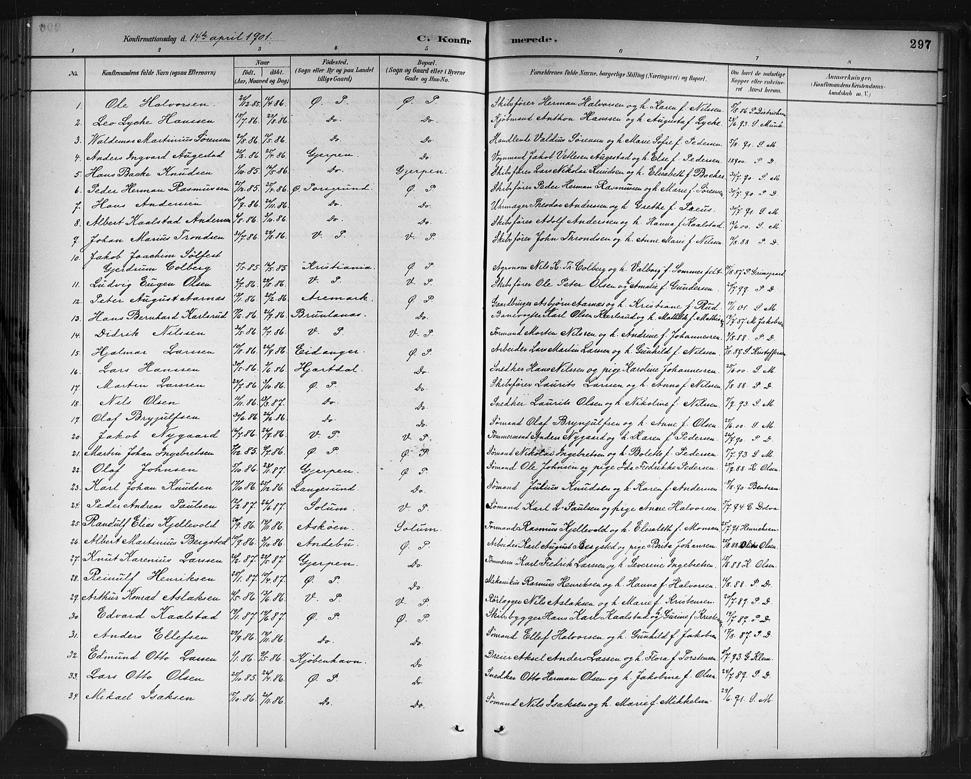Porsgrunn kirkebøker , SAKO/A-104/G/Gb/L0005: Parish register (copy) no. II 5, 1883-1915, p. 297
