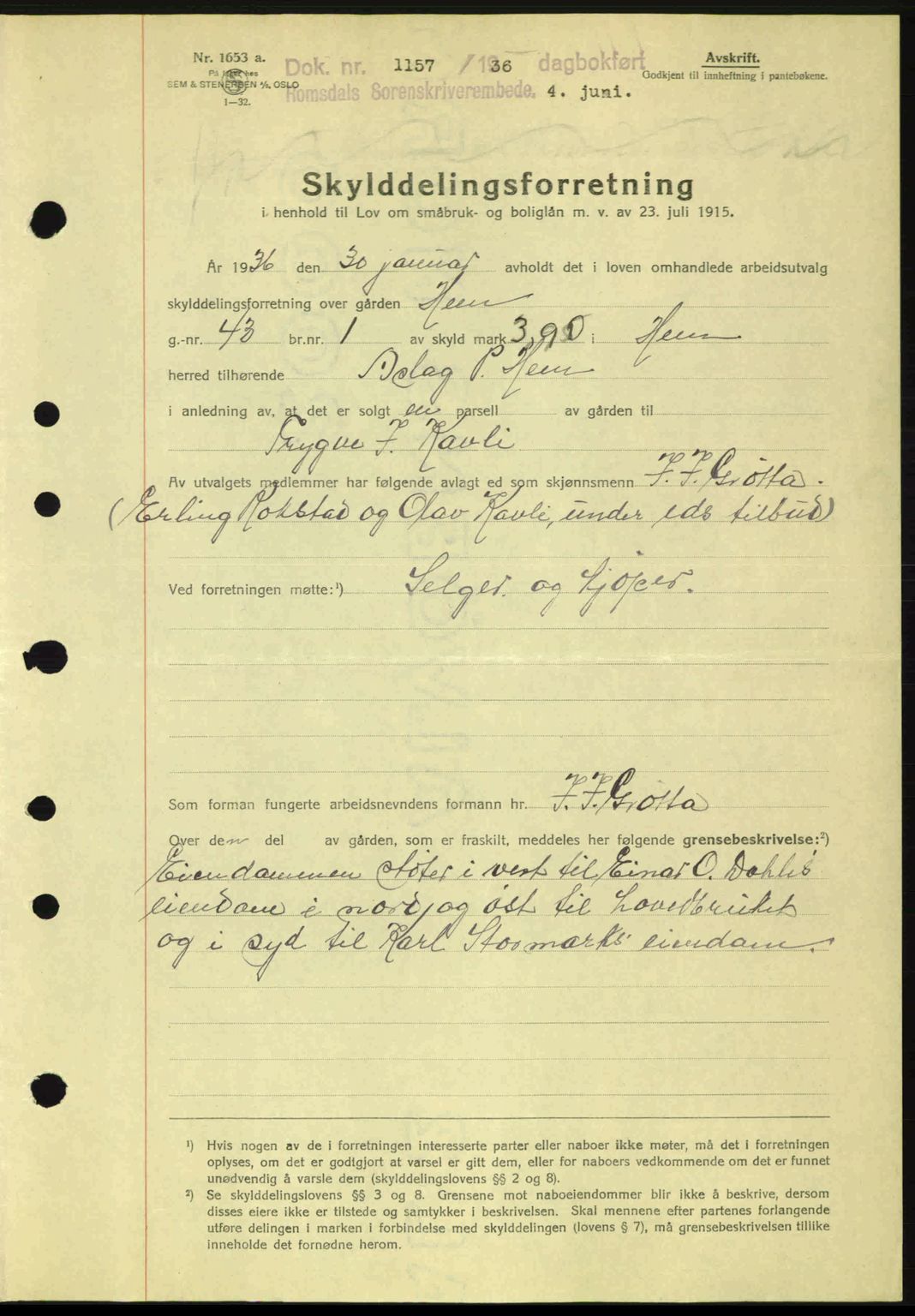 Romsdal sorenskriveri, AV/SAT-A-4149/1/2/2C: Mortgage book no. A1, 1936-1936, Diary no: : 1157/1936