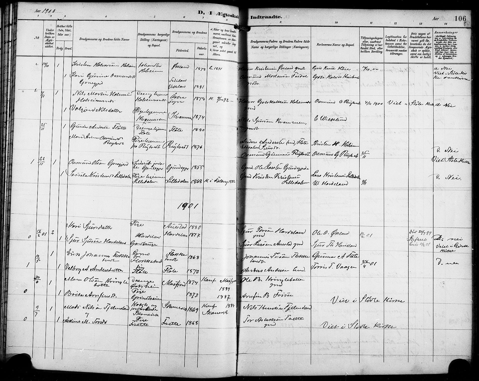 Etne sokneprestembete, SAB/A-75001/H/Hab: Parish register (copy) no. C 5, 1896-1920, p. 106