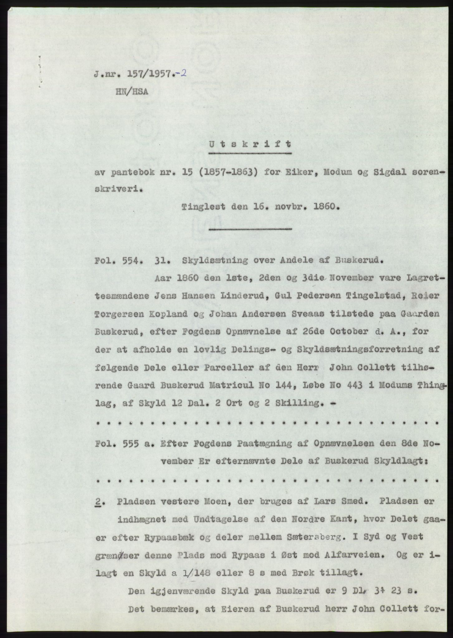 Statsarkivet i Kongsberg, AV/SAKO-A-0001/E/Ee/L0008: Avskrifter, SAO jnr. 1203/1956 - 344/1957, 1956-1957, p. 207