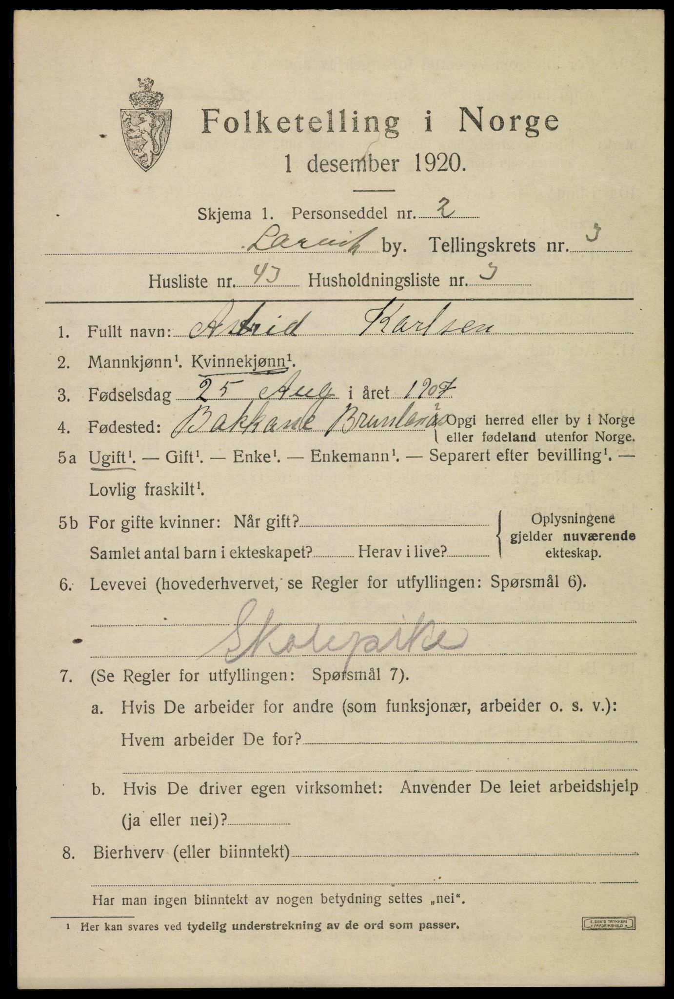 SAKO, 1920 census for Larvik, 1920, p. 13020