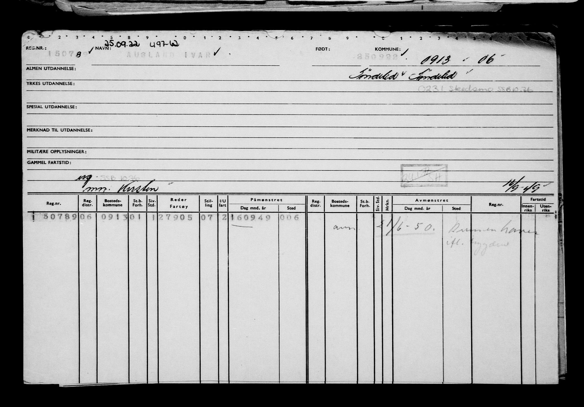 Direktoratet for sjømenn, RA/S-3545/G/Gb/L0210: Hovedkort, 1922, p. 828