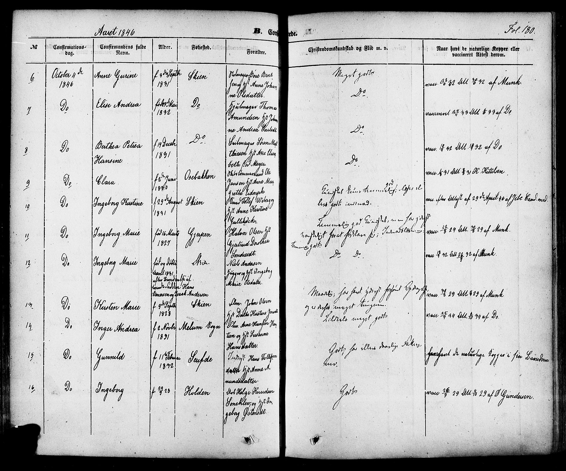 Skien kirkebøker, SAKO/A-302/F/Fa/L0006a: Parish register (official) no. 6A, 1843-1856, p. 180