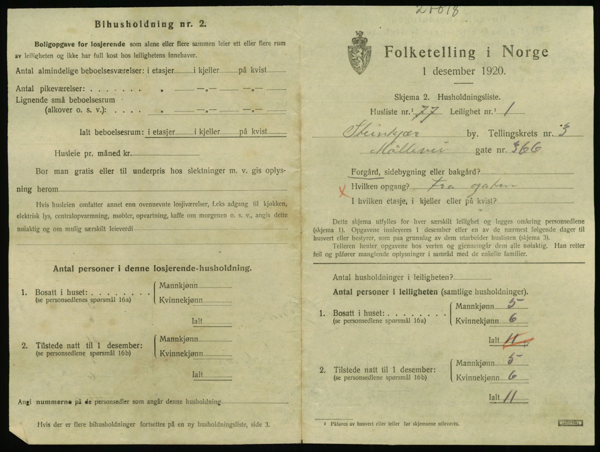 SAT, 1920 census for Steinkjer, 1920, p. 2124