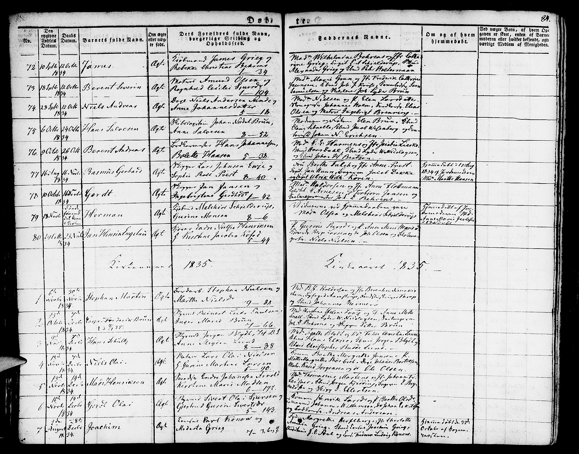 Nykirken Sokneprestembete, SAB/A-77101/H/Haa/L0012: Parish register (official) no. A 12, 1821-1844, p. 84