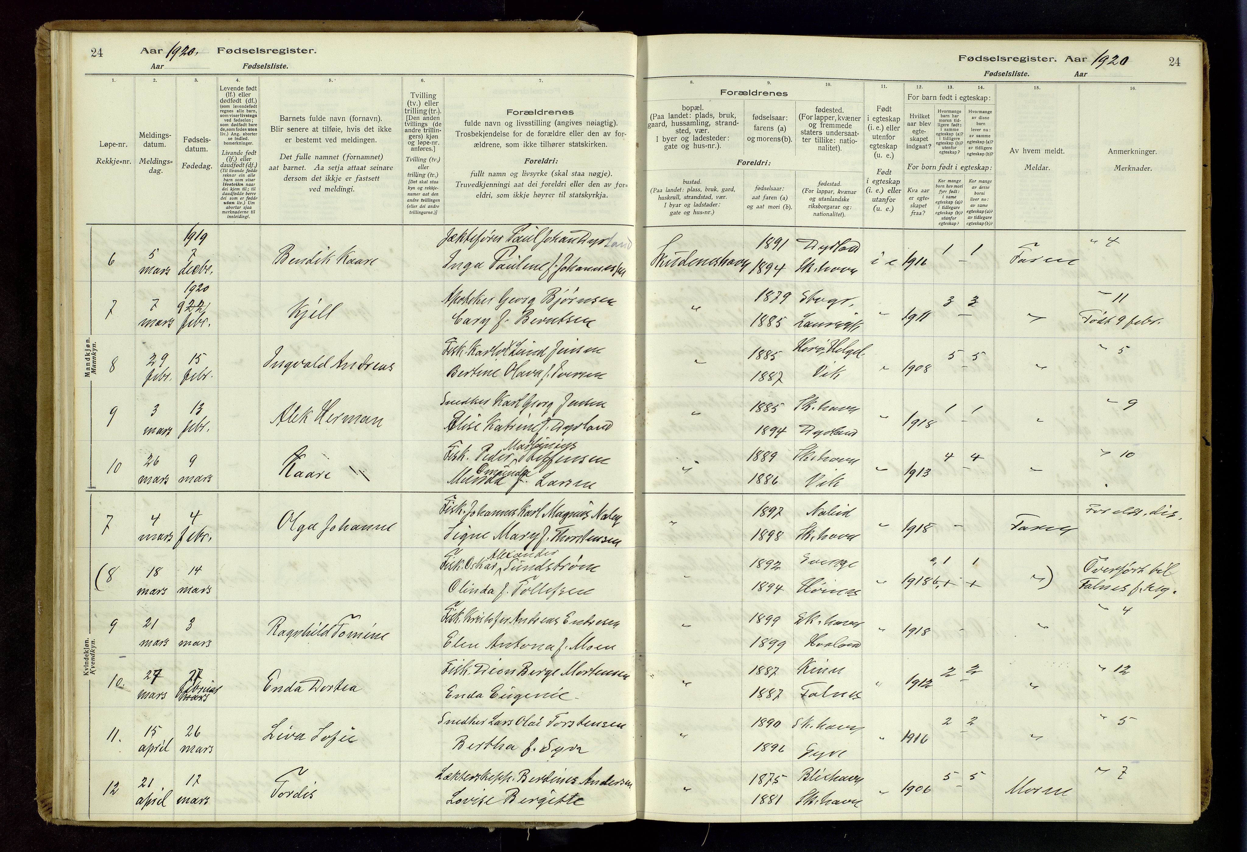 Skudenes sokneprestkontor, AV/SAST-A -101849/I/Id/L0003: Birth register no. 3, 1916-1964, p. 24