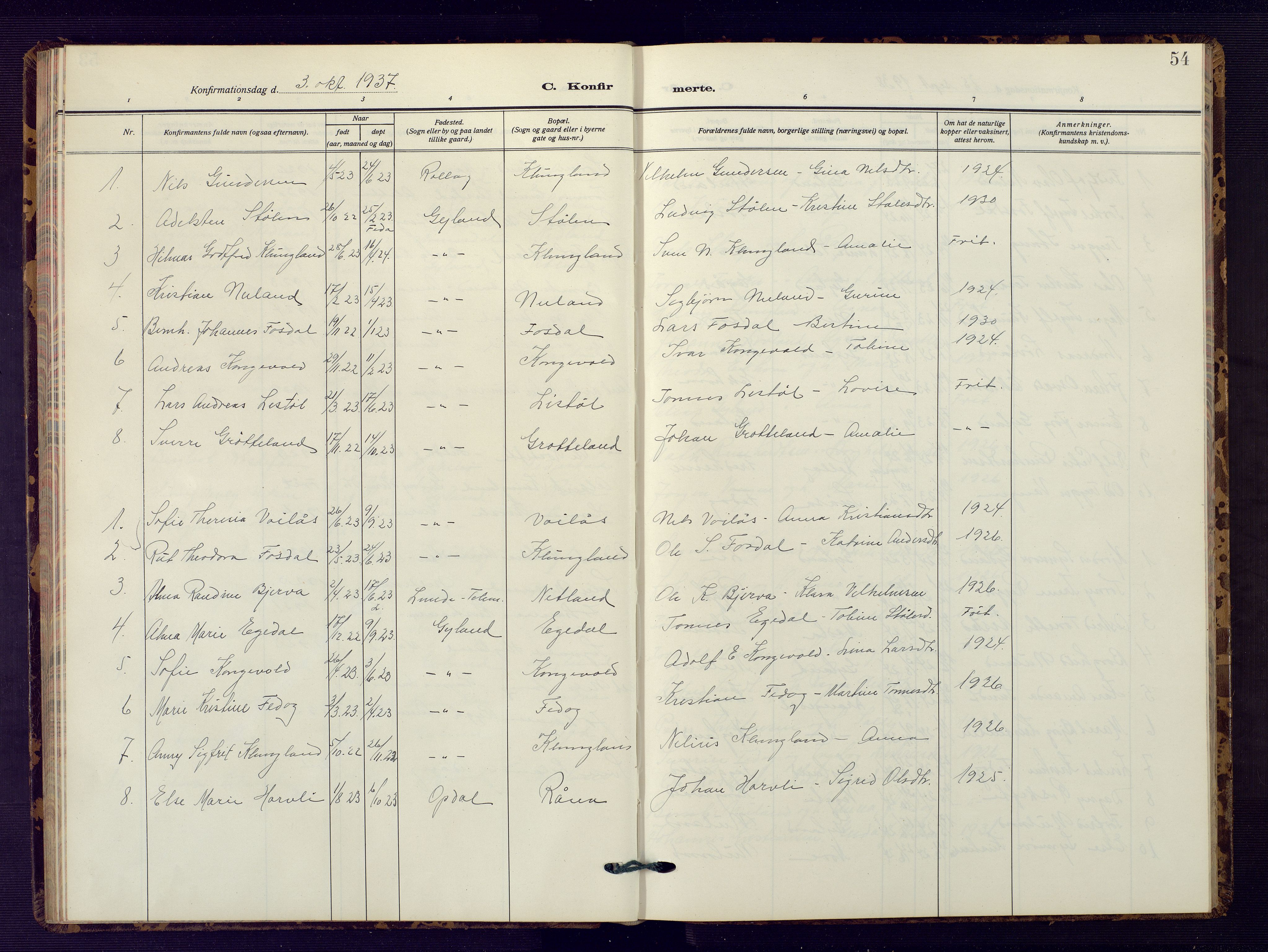 Bakke sokneprestkontor, SAK/1111-0002/F/Fb/Fbb/L0005: Parish register (copy) no. B 5, 1927-1947, p. 54