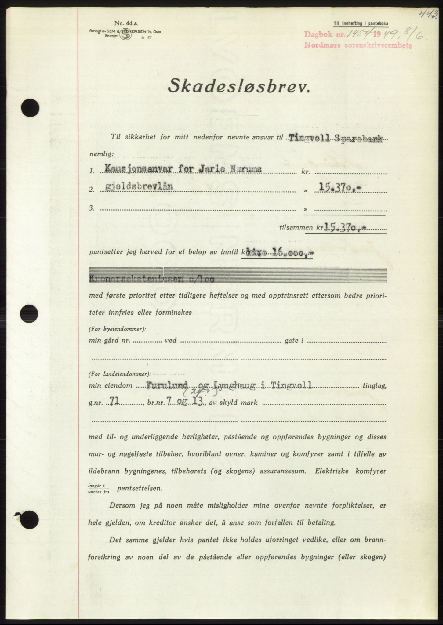 Nordmøre sorenskriveri, AV/SAT-A-4132/1/2/2Ca: Mortgage book no. B101, 1949-1949, Diary no: : 1454/1949