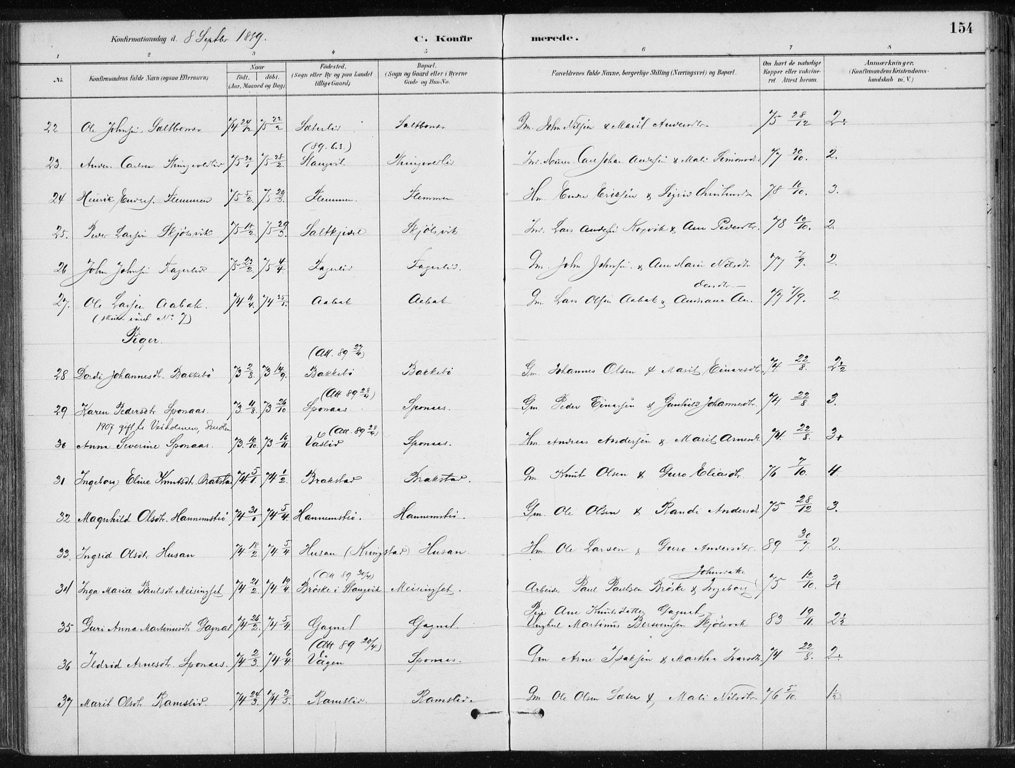 Ministerialprotokoller, klokkerbøker og fødselsregistre - Møre og Romsdal, AV/SAT-A-1454/586/L0987: Parish register (official) no. 586A13, 1879-1892, p. 154