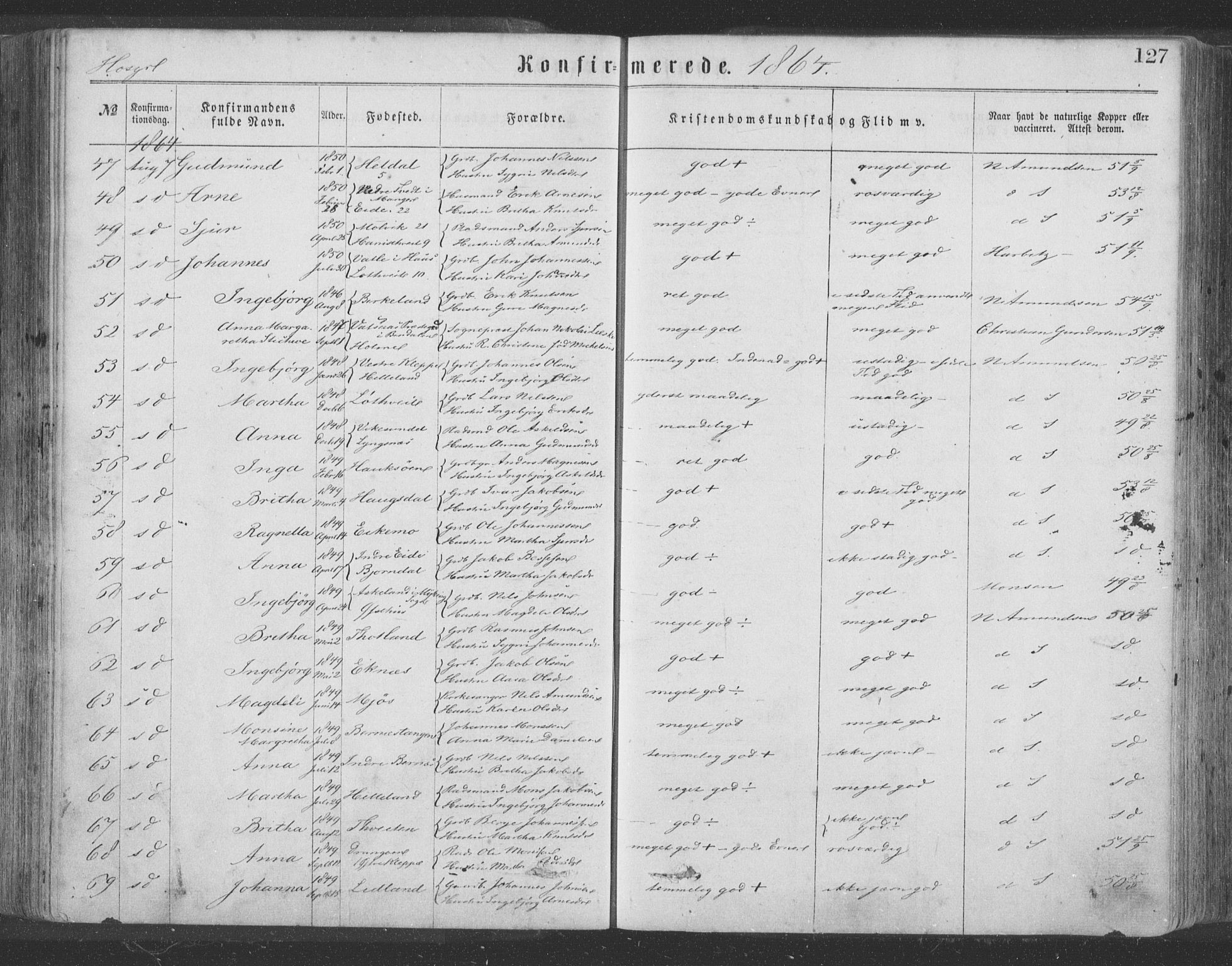 Hosanger sokneprestembete, AV/SAB-A-75801/H/Haa: Parish register (official) no. A 9, 1864-1876, p. 127