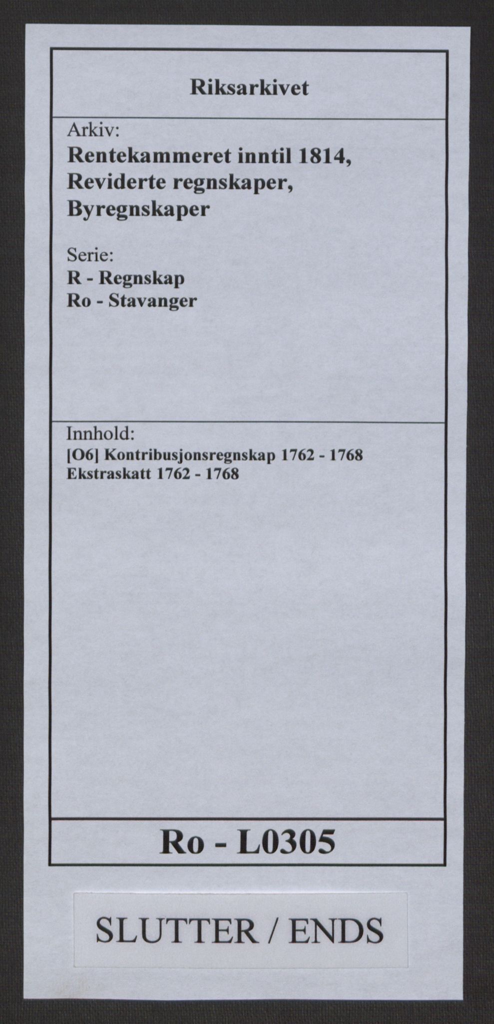 Rentekammeret inntil 1814, Reviderte regnskaper, Byregnskaper, AV/RA-EA-4066/R/Ro/L0305/0001: [O6] Kontribusjonsregnskap / Ekstraskatt, 1762-1768, p. 435