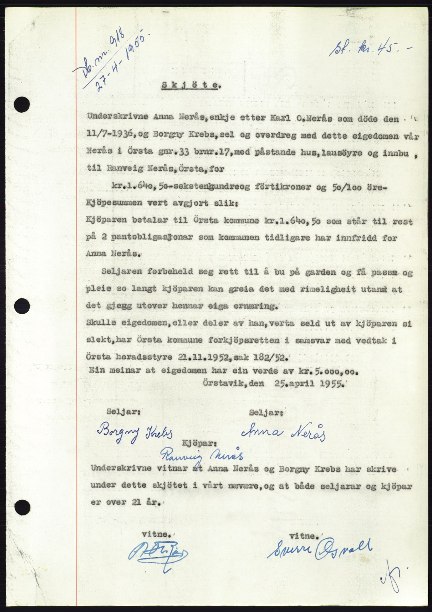 Søre Sunnmøre sorenskriveri, AV/SAT-A-4122/1/2/2C/L0100: Mortgage book no. 26A, 1954-1955, Diary no: : 918/1955